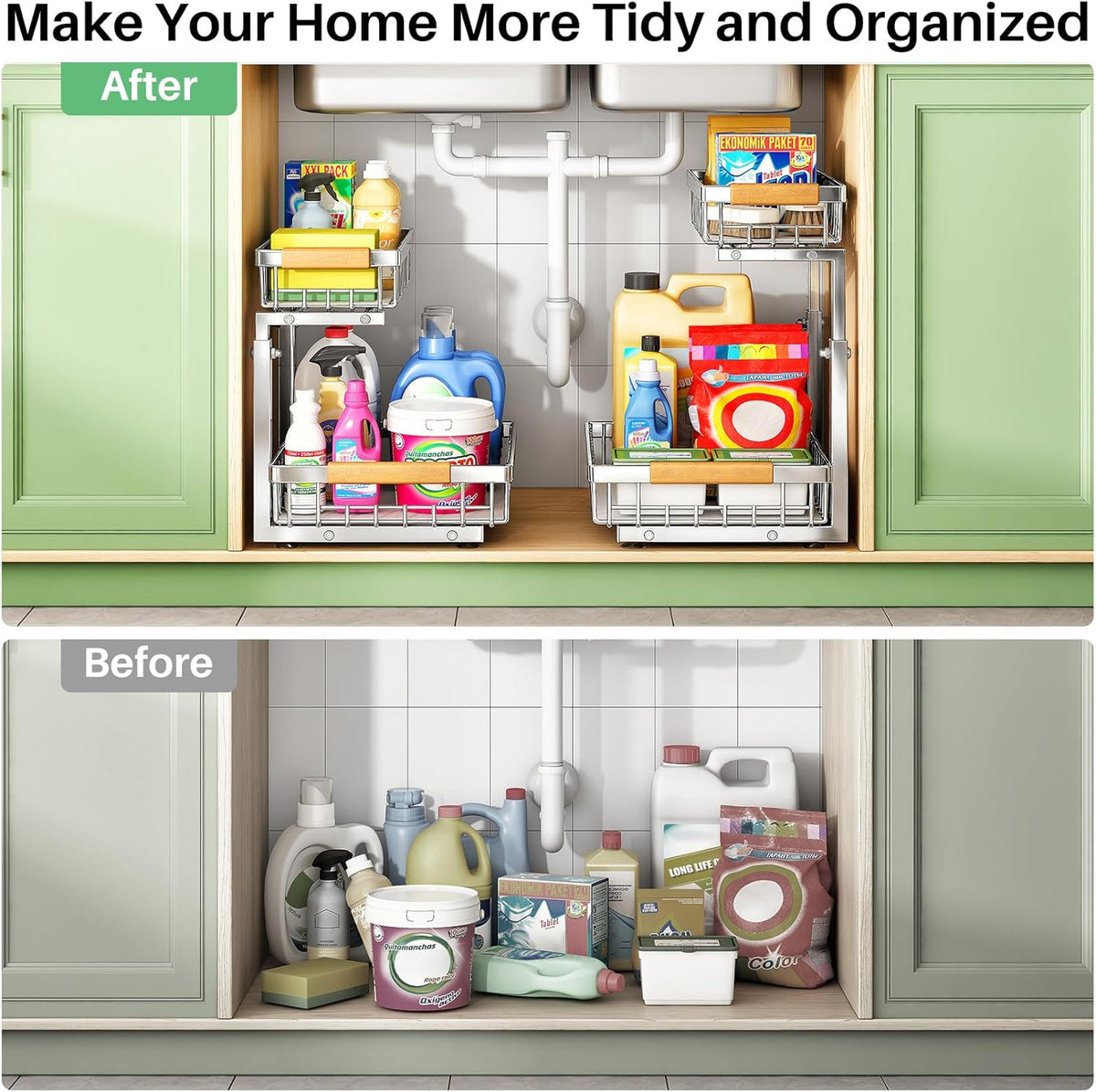 Kitstorack Under Sink Organizer, 2 Tier Under the Sink Storage, Slide out Pull out Cabinet Organizer Shelf, Metal Sliding Drawer for Kitchen Bathroom Pantry Closet Organization Rack, Silver, 1 Pack