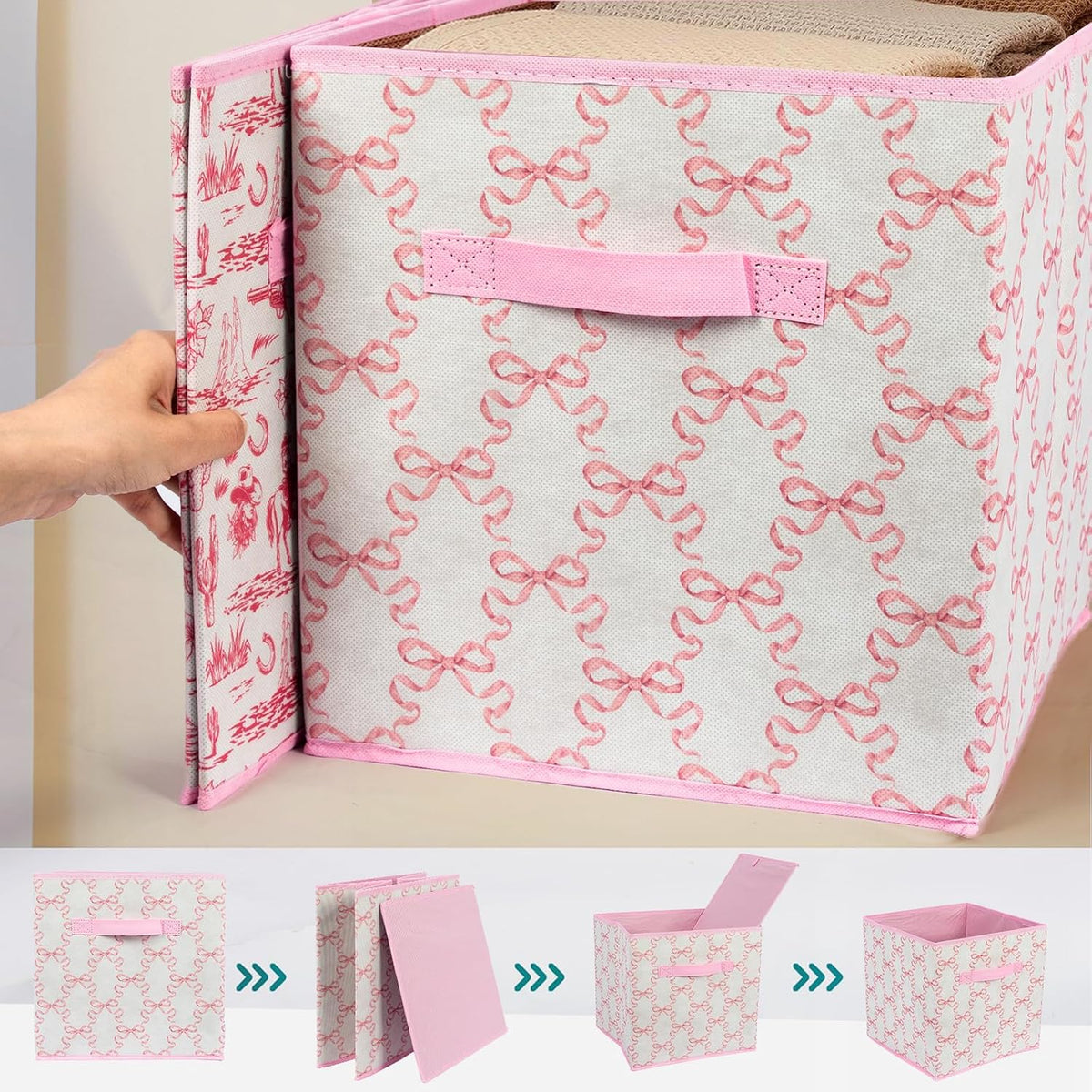 6 Pcs Pink Bow Cube Storage Bins 12.5 Inch Storage Basket with Handle, Cute Girls Organizer Basket, Collapsible Fabric Box for Classroom Bedrooms Office Home Decoration (Bow)
