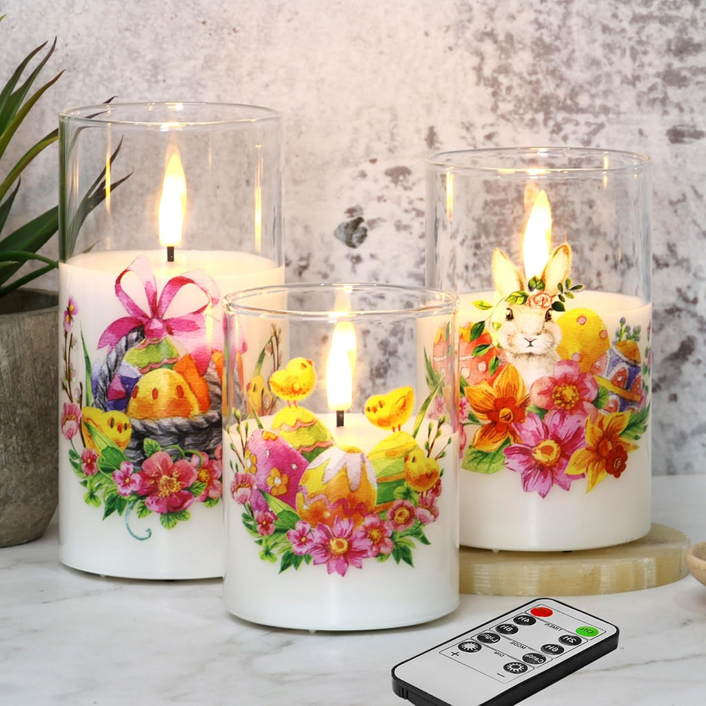 Eywamage Easter Glass Flameless Pillar Candles with Remote Set of 3