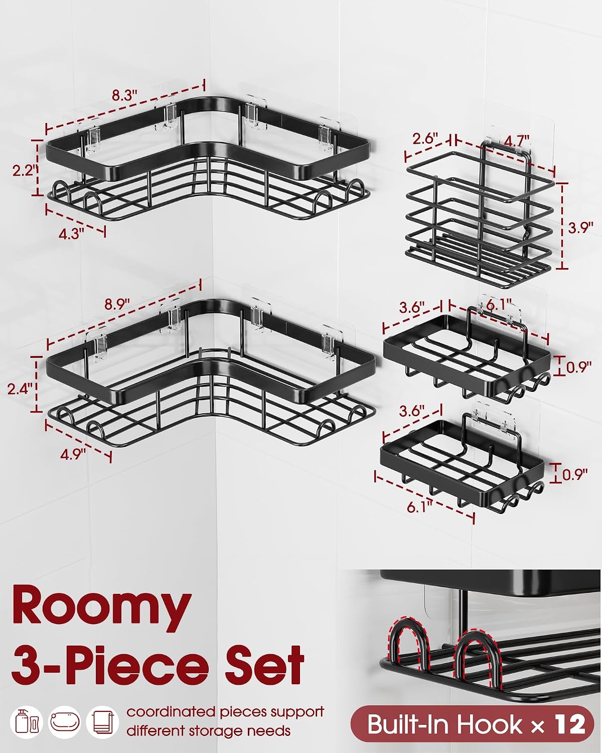 Sakugi Corner Shower Caddy, Large, 5-Pack, Soap & Toothbrush Holder, Black