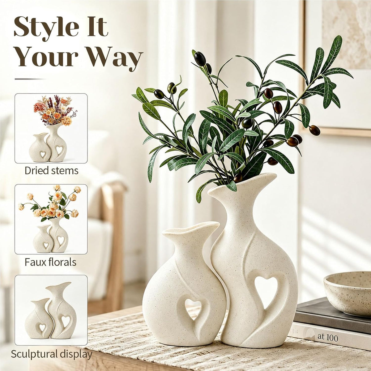 Ceramic Vase for Centerpieces Boho Rustic Vase Set of 2 (Cream)