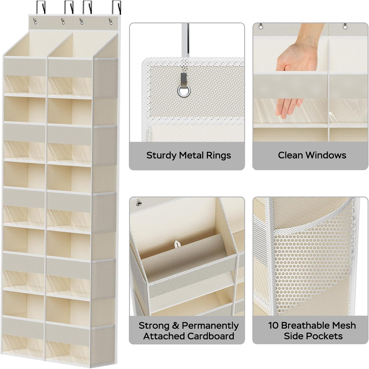 MAX Houser 5 Pocket Over Door Hanging Organizer with Clear Window, Beige
