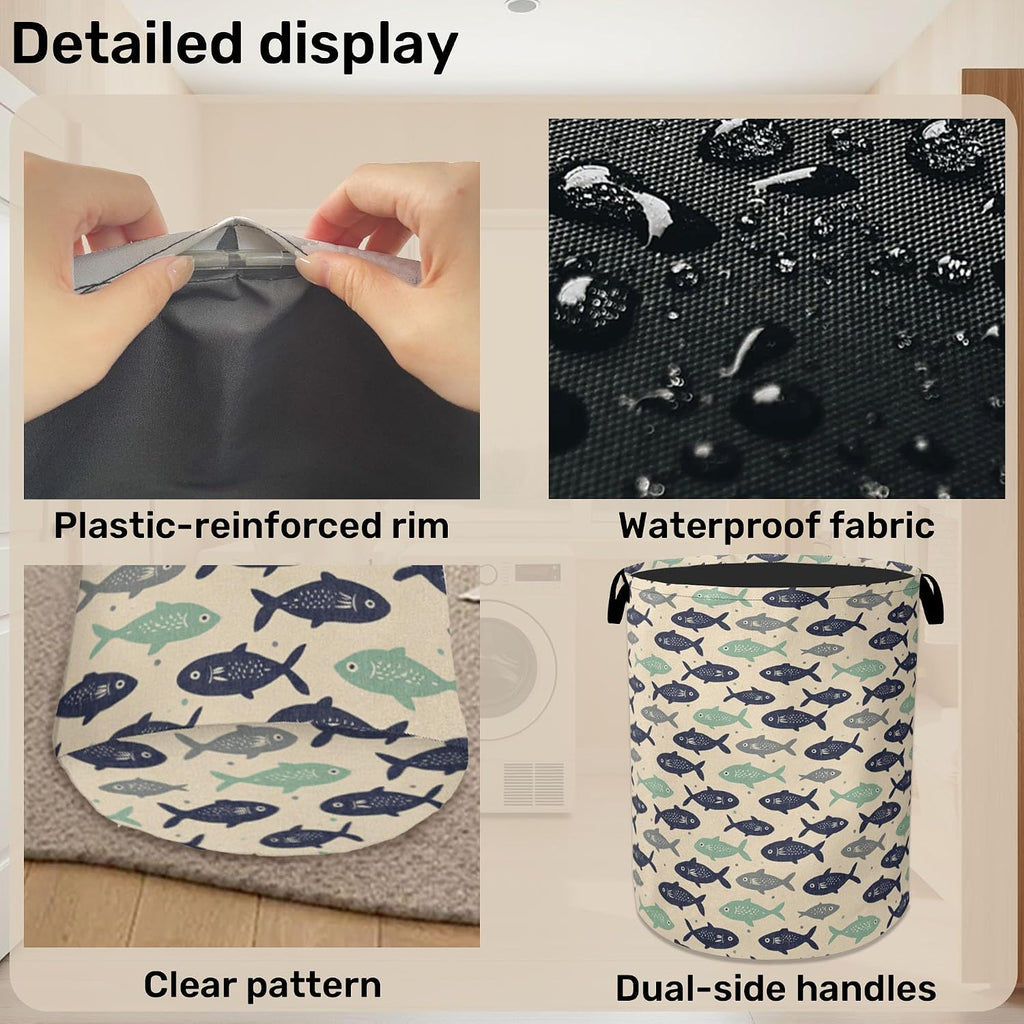 Cute Japanese-Style Fish Foldable Laundry Hamper - Waterproof Fabric Storage Basket with Handles, Clothes Hampers for Laundry,Bedroom,Dorm
