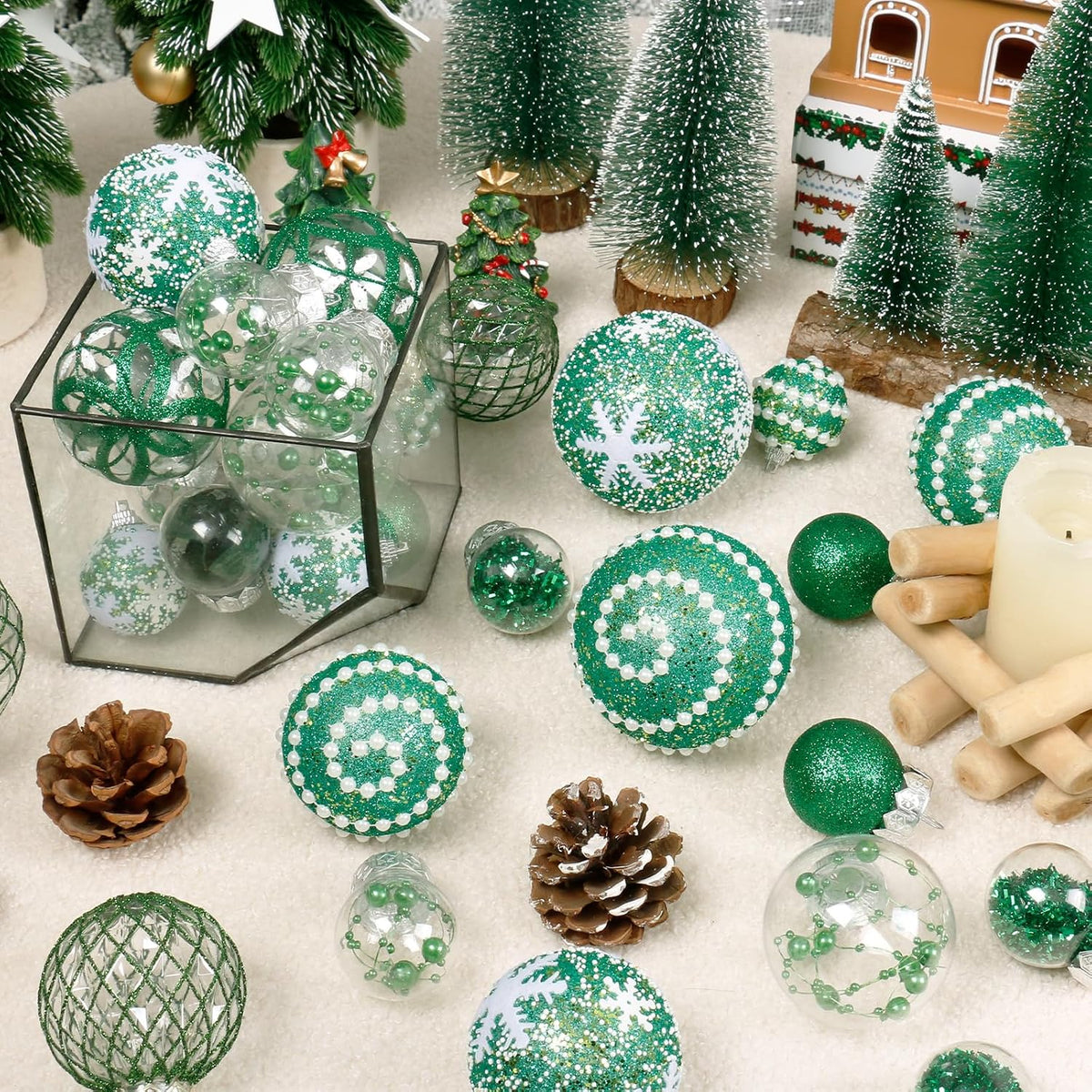 33PCS Green Christmas Ball Ornaments Set for Xmas Tree Decorations