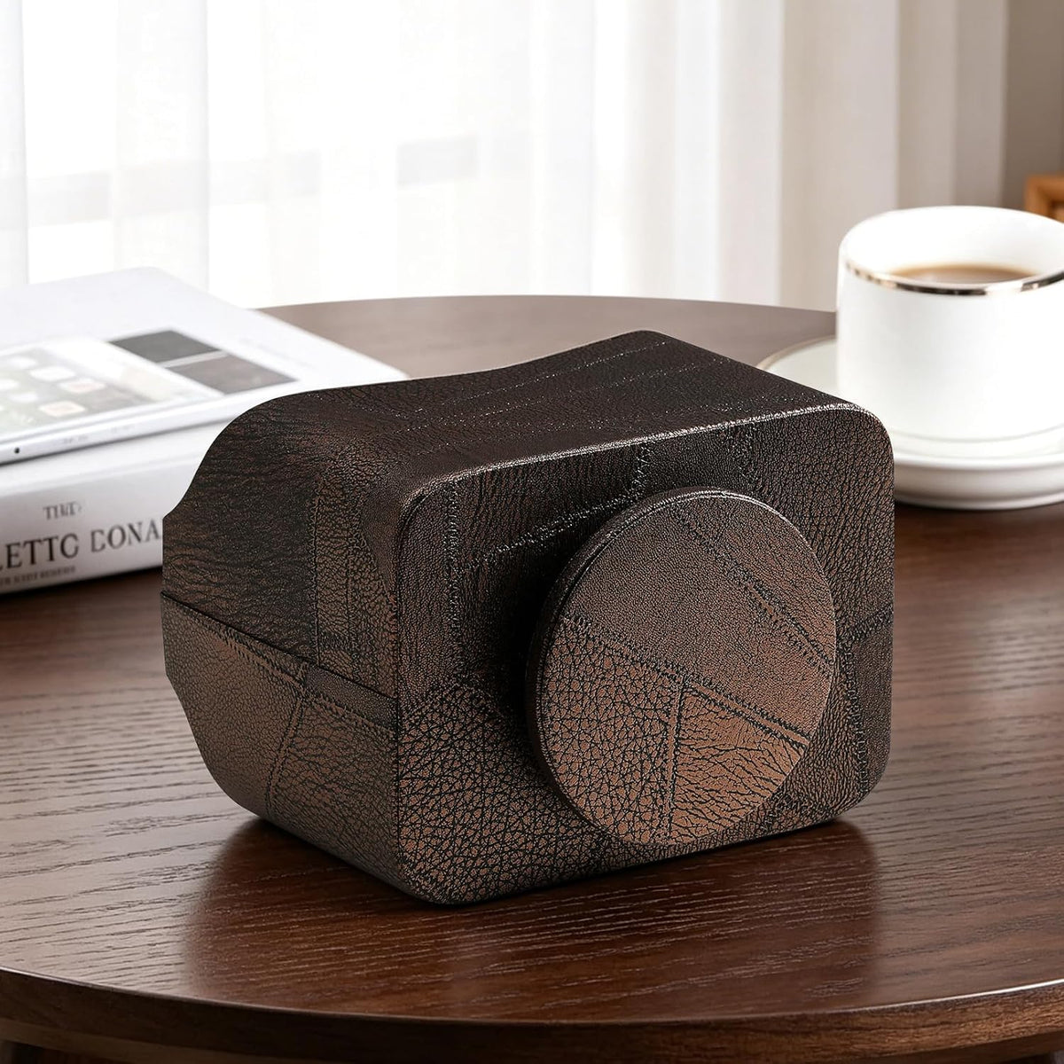 PU Leather Remote Control Holder, 360 Degree Rotating Desk Organizer Luxury Desktop Storage Rack, Rotating Bedside Storage Box for Desktop Office Living Room Bedroom (Brown Vintage)