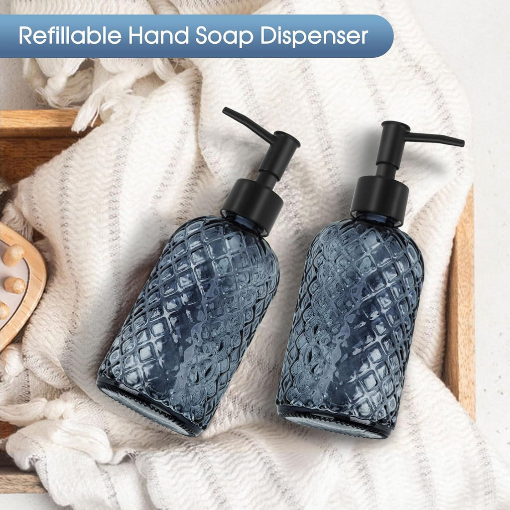 2 Pack Gem Glass Soap Dispenser with Black Plastic Pump, 13oz Liquid Hand Soap Dispenser, Rustproof Pump for Kitchen & Bathroom, Great for Lotions, Essential Oil, Liquid Soaps-Grayish Blue