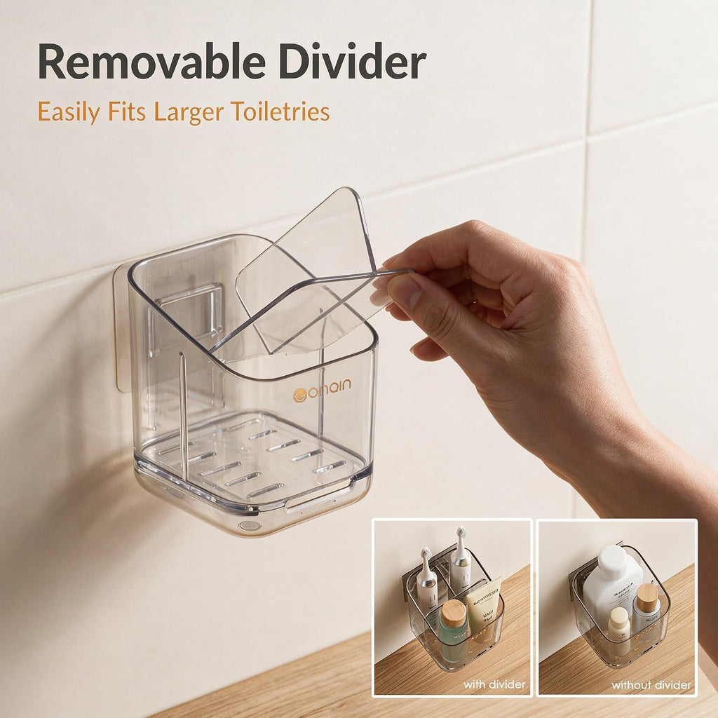 Toothbrush Holders for Bathroom - Detachable Divided Design, Drawer Drainage Tray, Adhesive Wall-Mounted/Countertop Dual-Use, Large Capacity Organizer for Bathroom/Kitchen/Office, Easy Install (Grey)