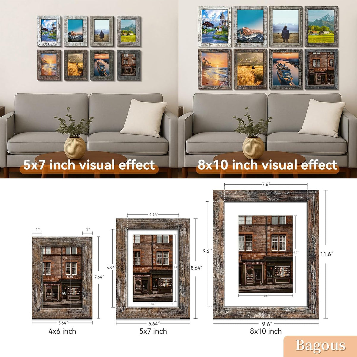 8x10 Picture Frames Set of 8, Vintage Rustic Farmhouse Industrial Style Photo Frames, High Definition Real Glass, for Tabletop or Wall Hanging