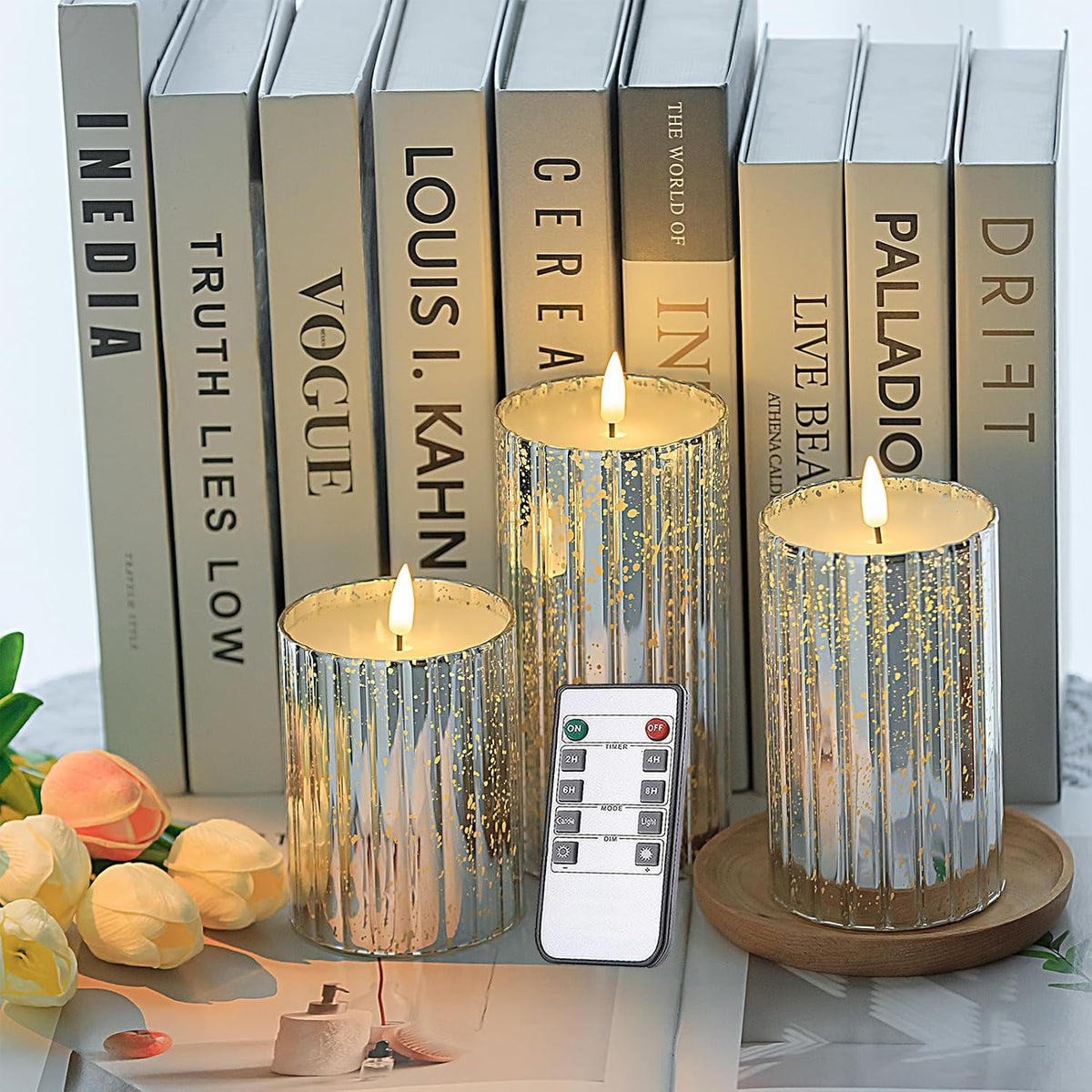 volnyus Silver Flameless Candles Set - 3 Pack(Φ 3" H 4" 5" 6") with Remote, Starscape Glass LED Night Lights for Home Decor, Wedding, Christmas Mantle,Battery Operated Flickering LED Pillar Candles