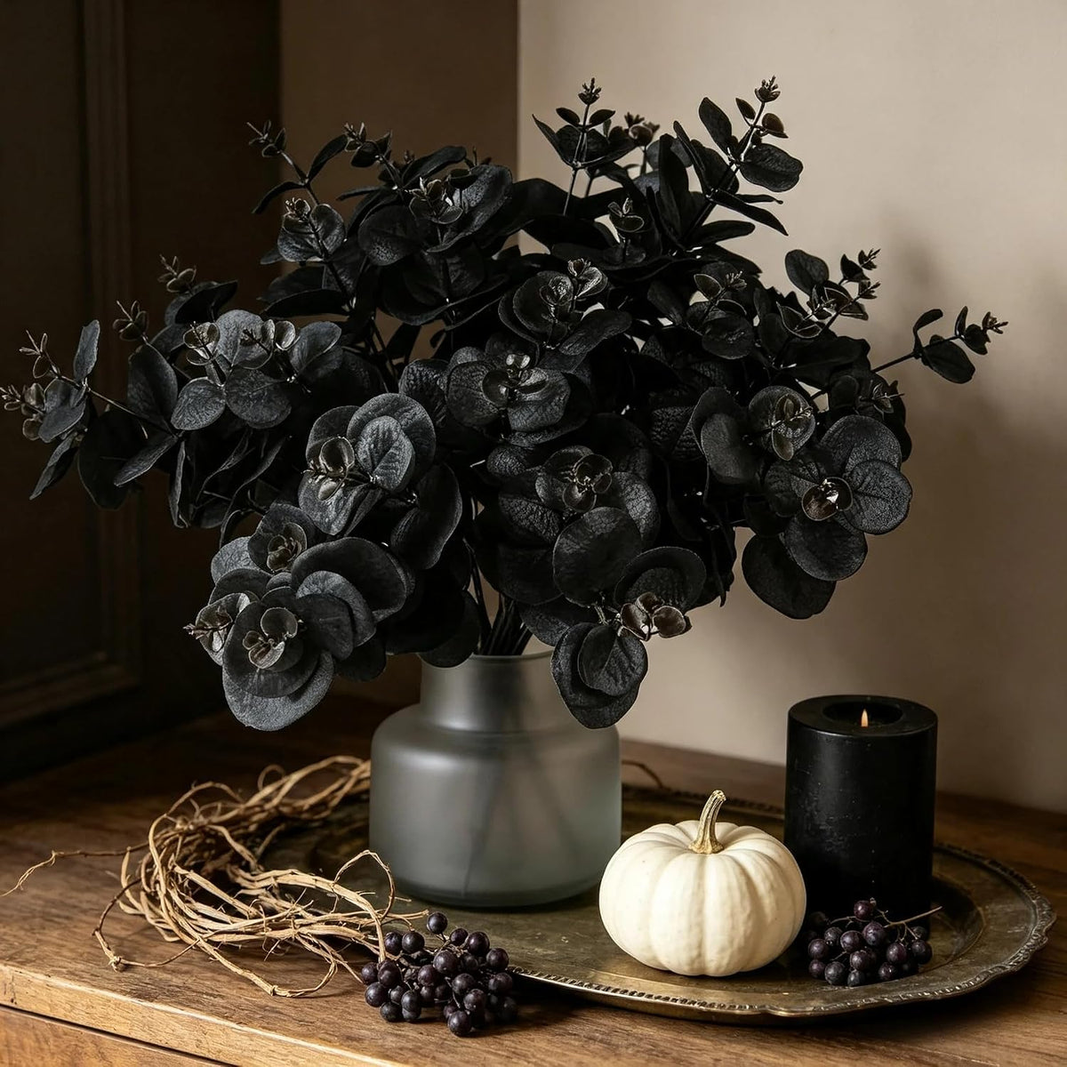 Tinsow 10 Pcs Black Artificial Eucalyptus Branches Stems Faux Eucalyptuses Real Touch Leaf Gathic Theme Party Bouquet Centerpiece Halloween Home Decor (Black, 10)