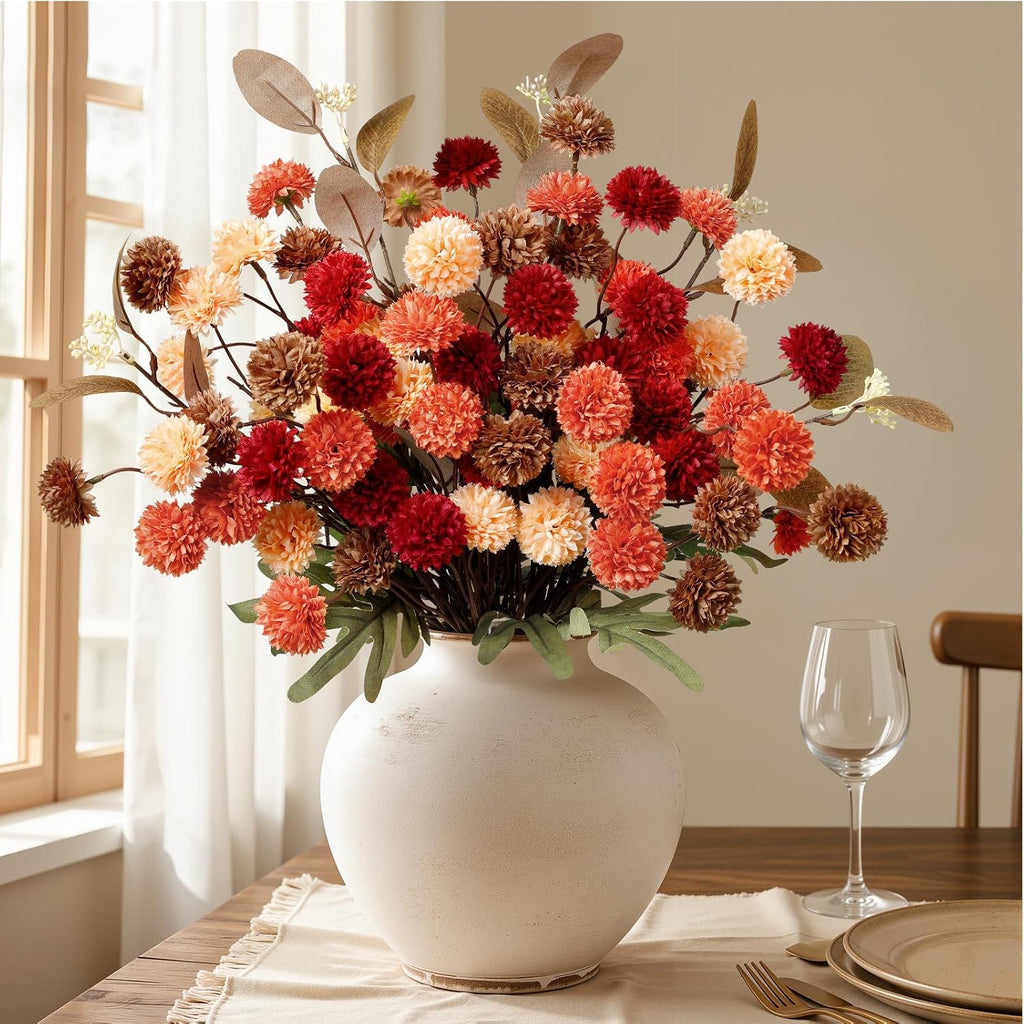 Alupssuc 16 PCS Silk Mums Artificial Fall Flowers with Eucalyptus for Vase