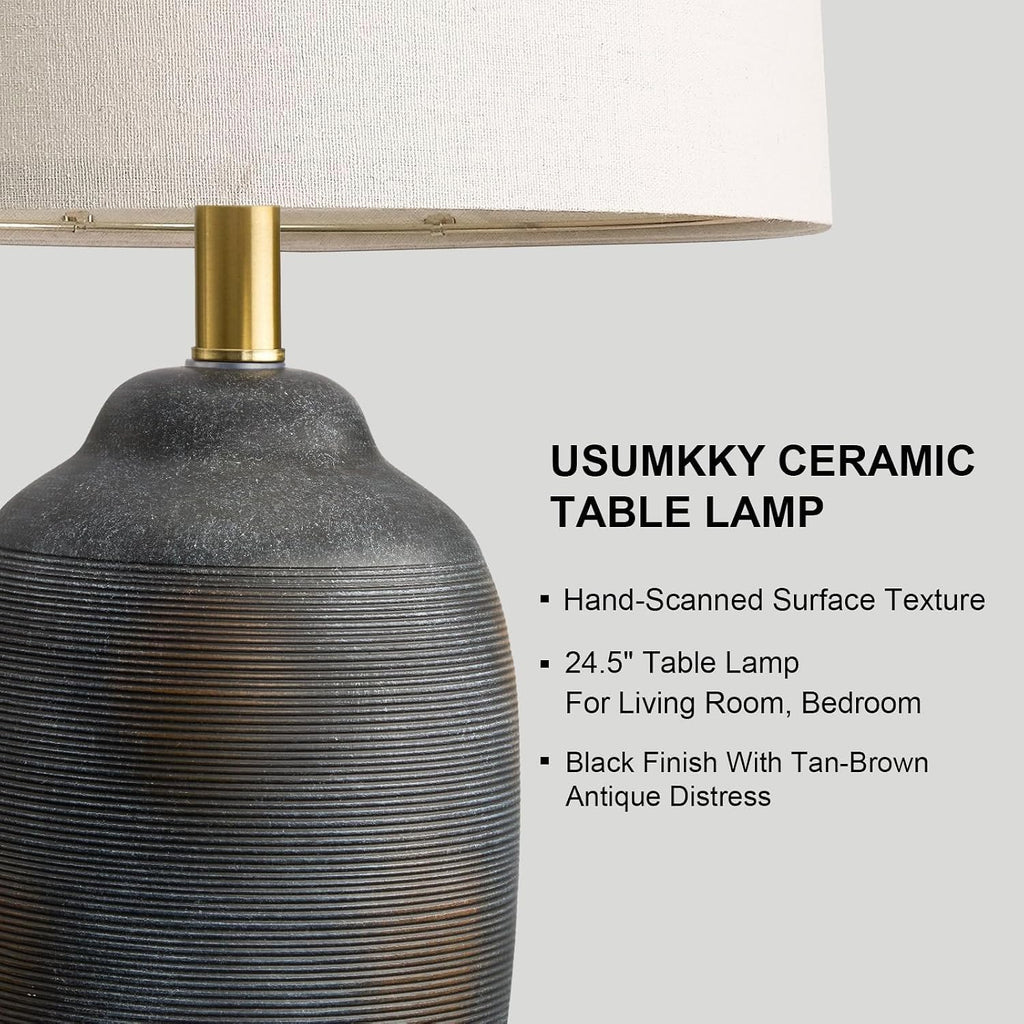 USumkky 24.5" Vintage Ceramic Table Lamp with 5FT Cord- Single Farmhouse Rustic Bedside Lamp with Natural Textured Finish, Nightstand Lamps for Bedroom, Living Room, End Table, Office Retro Black