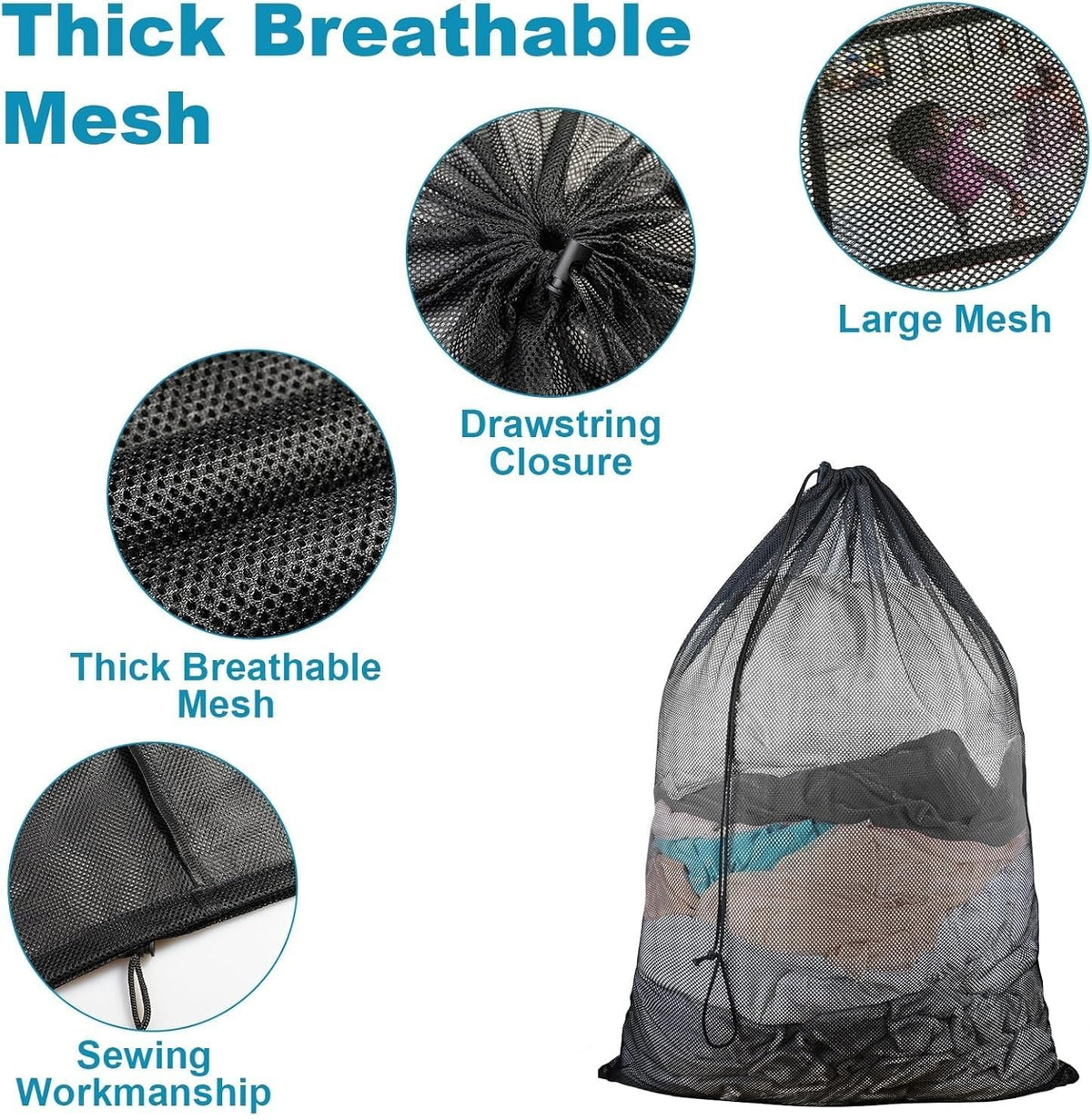 2 Pack Mesh Laundry Bags, 23 x 34 Inches Heavy Duty Mesh Laundry Bag, Large Laundry Drawstring Bag for College, Dorm, Travel, Family and Apartment Dwellers (black)