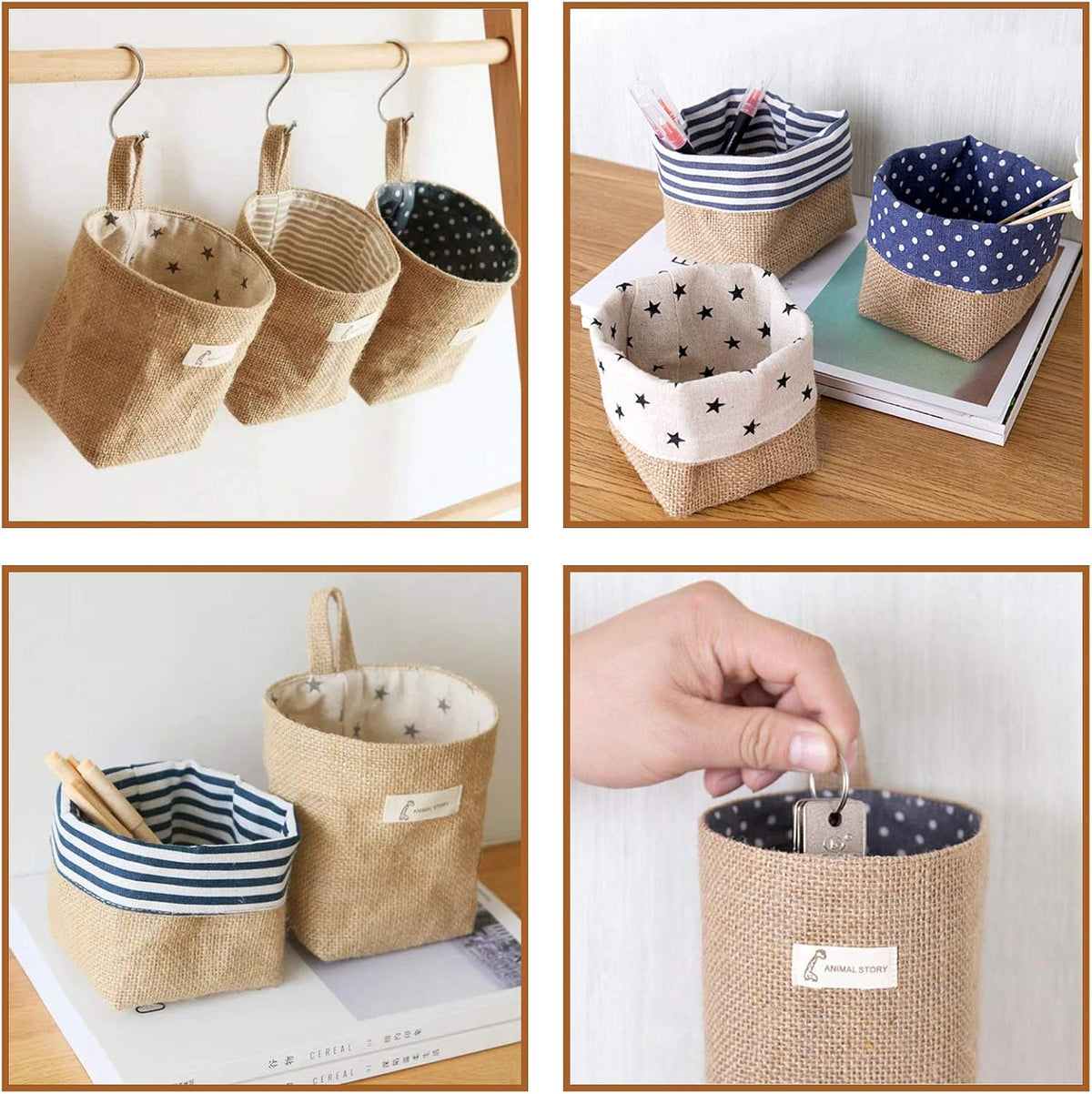Foraineam 6 Pack Mini Hanging Storage Bag Cotton Linen Decorative Wall-Hanging Basket Organizer Collapsible Box Bin Bags for Wall Door Closet