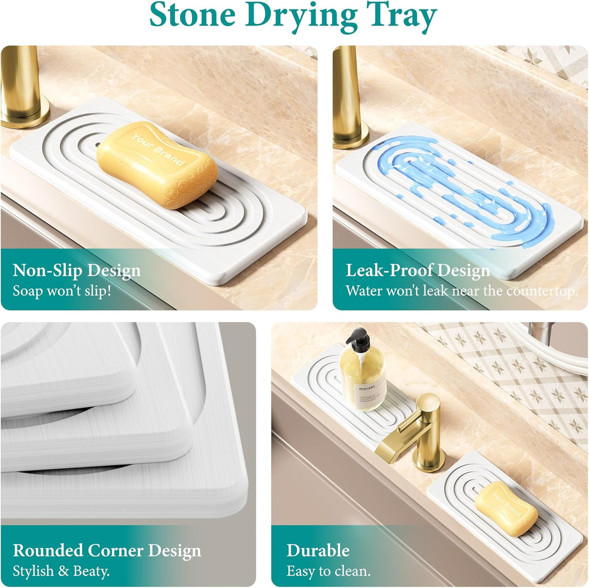 2PCS Diatomite Water Absorbing Stone Tray for Sink, Fast Drying Stone Drying Tray, Faucet Mat for Kitchen Sink and Counter, Bathroom Trays, Holders & Vanity Organizers White-Multi-Oval-9.8"x 4"