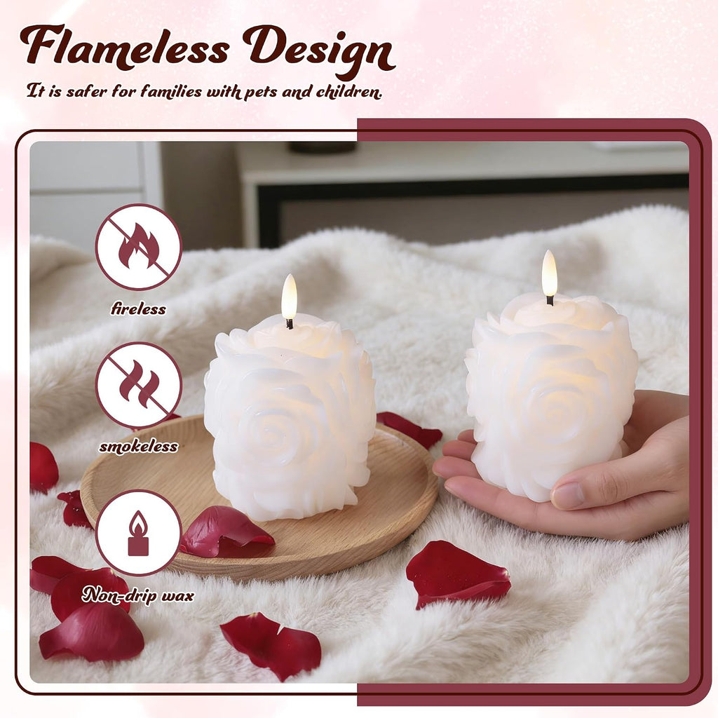 JOIONE Valentines Day White Rose Flameless LED Candles with Remote, 2 Pack