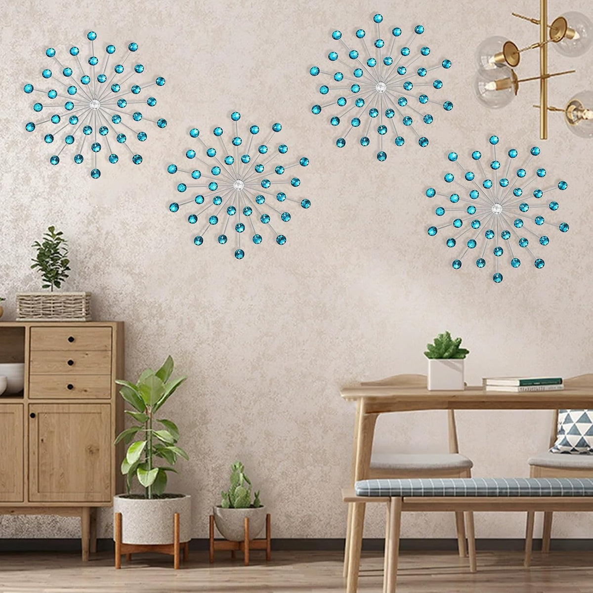 SIYIKRYP Set of 4 Crystal Sunburst Wall Decor – 9.8" Metal Wall Art with Blue Rhinestone Accents – Modern 3D Starburst Hanging Ornaments for Living Room, Bedroom, Office