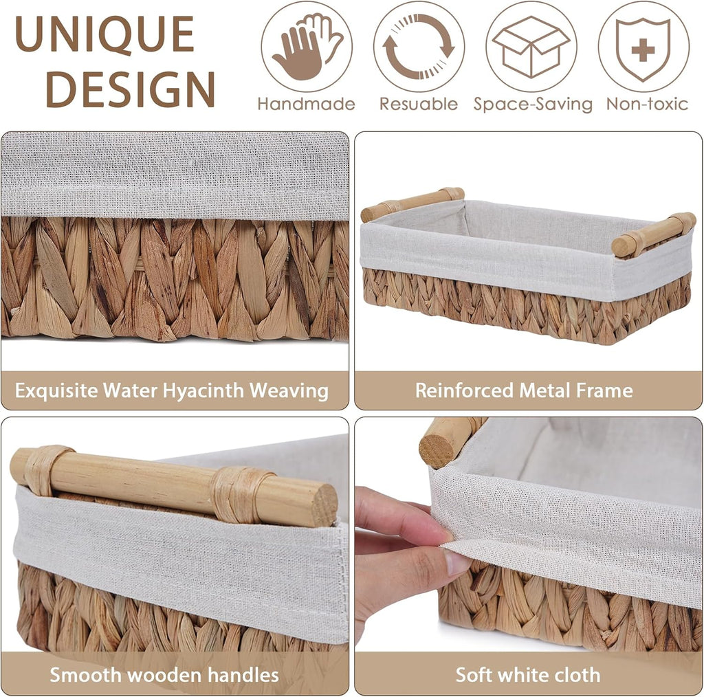 Water Hyacinth Wicker Storage Basket with Wooden Handle, Decorative Toilet Paper Baskets & Bathroom Organizer for Toilet Tank Top, Shelves, Bedroom, Countertop,Home, Office Storage Bins, 2 Pack