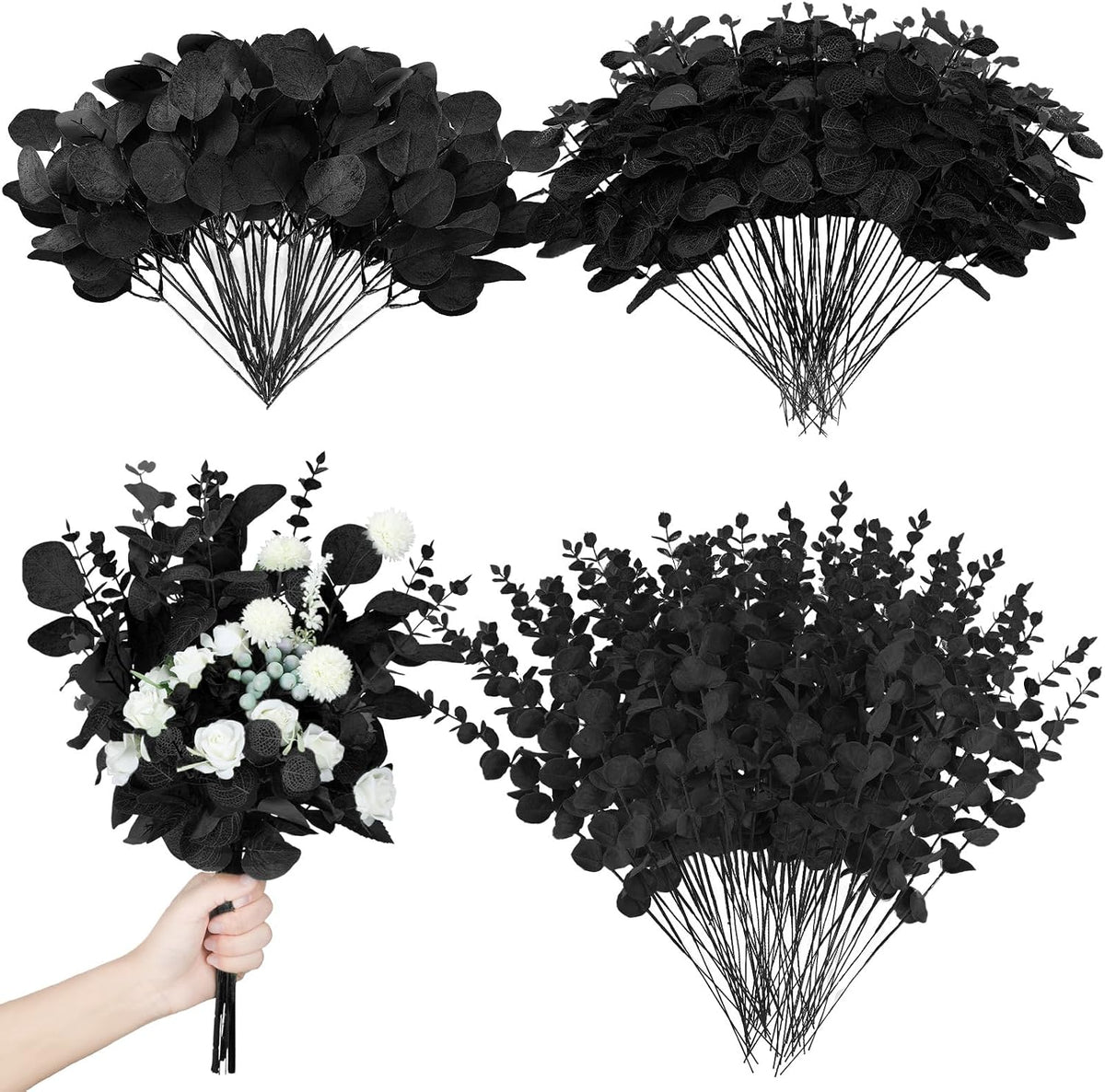 Giegxin 180 Pcs Mixed Artificial Eucalyptus Leaves Stems Bulk Black