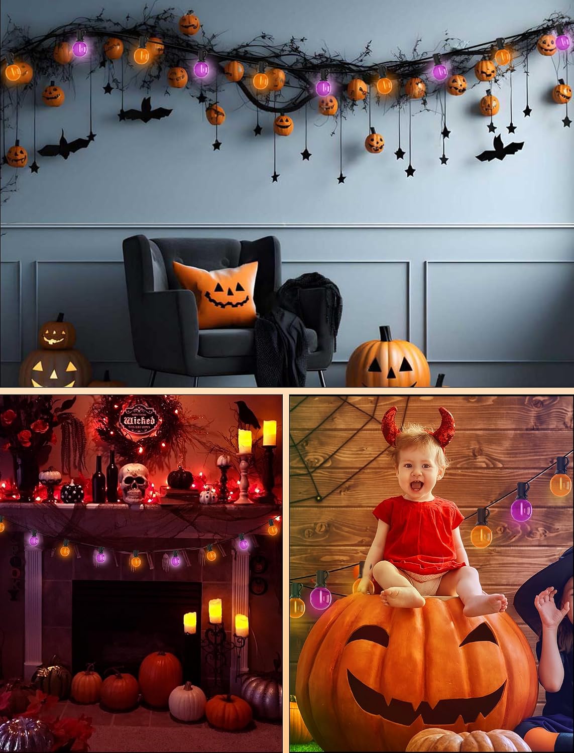 GOOTHY 25 Pack G40 LED Replacement Light Bulbs, Shatterproof Halloween G40 LED Orange Purple Globe Lights Bulbs for Outdoor String Lights Patio Party Decor, E12/C7 Candelabra Base, 2700K Warm White
