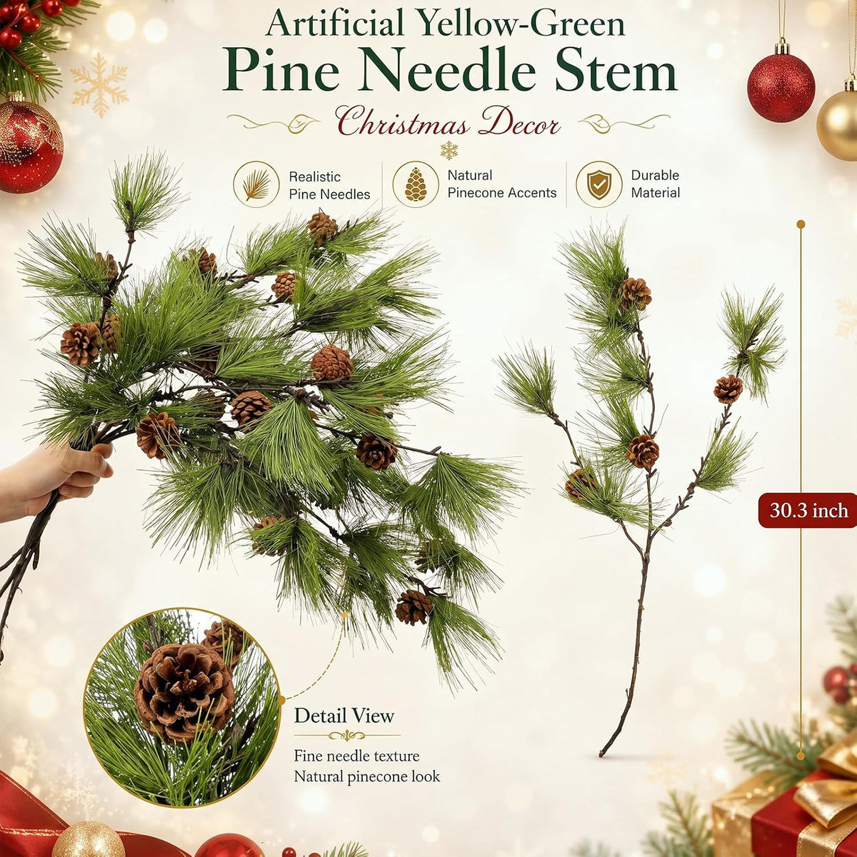 Wavwavw 6 Pcs 25.5 Inch Christmas Artificial Pine Branches with Pine Cones