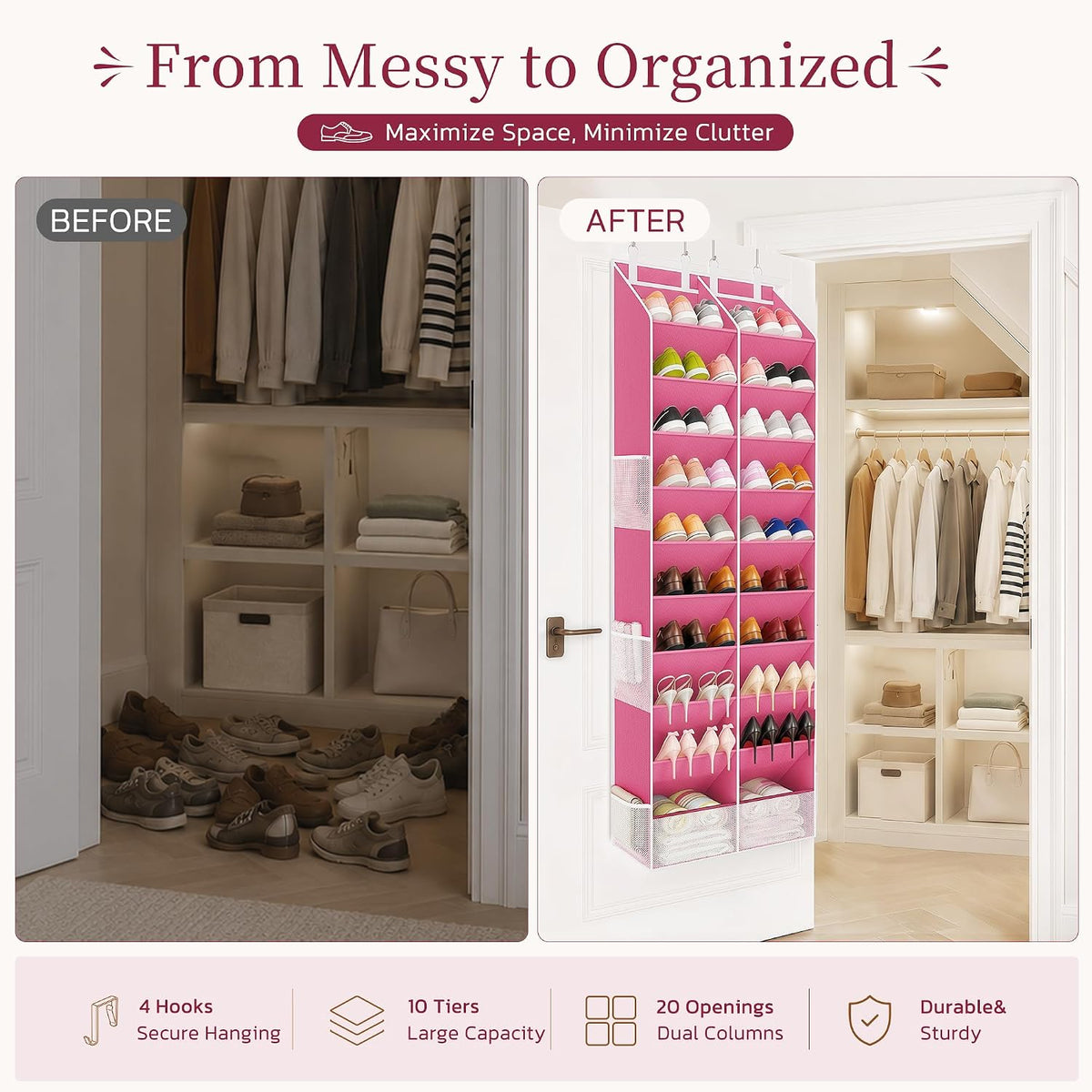 Criusia Over the Door Shoe Organizer, 20-30 Pairs Heavy-Duty Hanging Shoe Storage with Large Pockets, 10-Tier Door Shoe Rack with 4 Hooks for Sneakers Sandals Heels Boots (Pink)