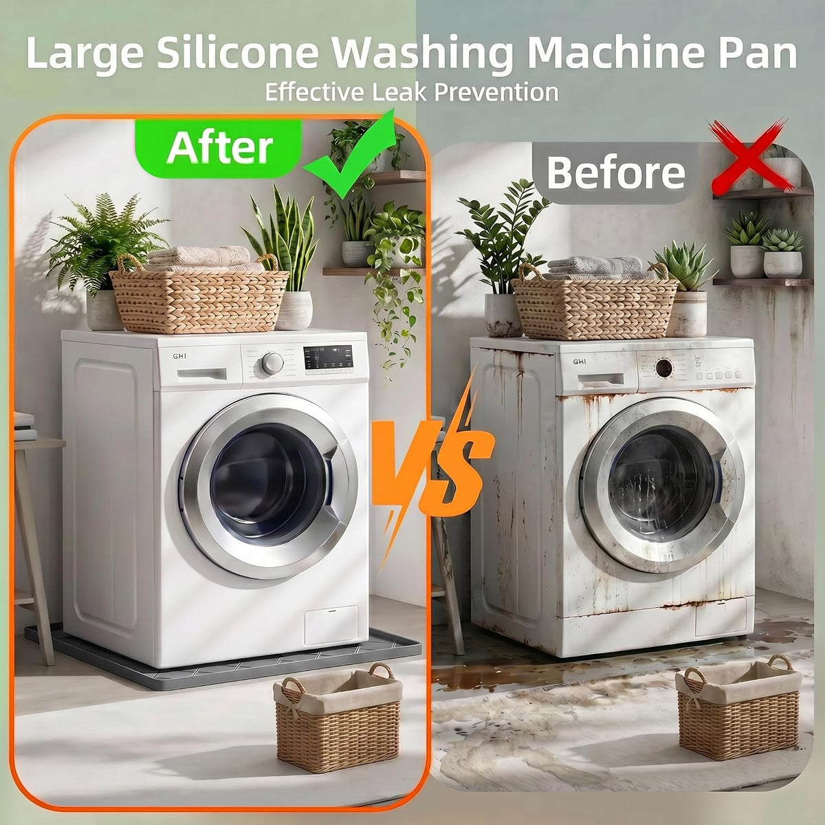 Washing Machine Drain Pan Silicone Mat, 32"x30" 1" Raised Edges Non-Slip Waterproof Washer Drip Tray for Under Washer & Dryer,Anti-Vibration Floor Protector for Refrigerator,Water Dispenser