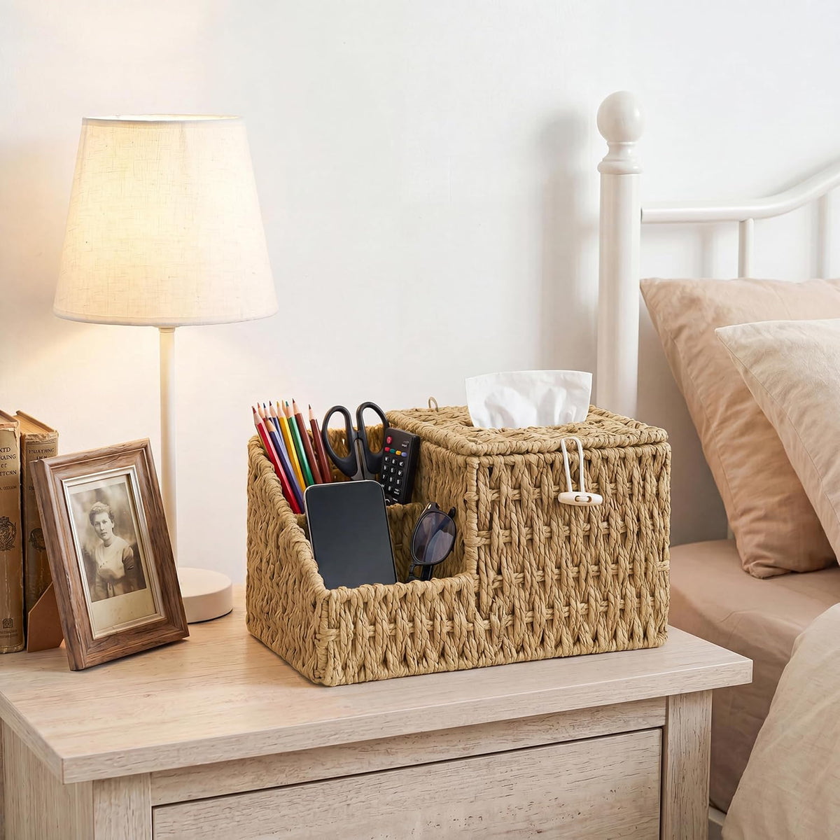 Tissue Box Cover with Storage, Wicker Paper Rope Square Tissue Box Holder