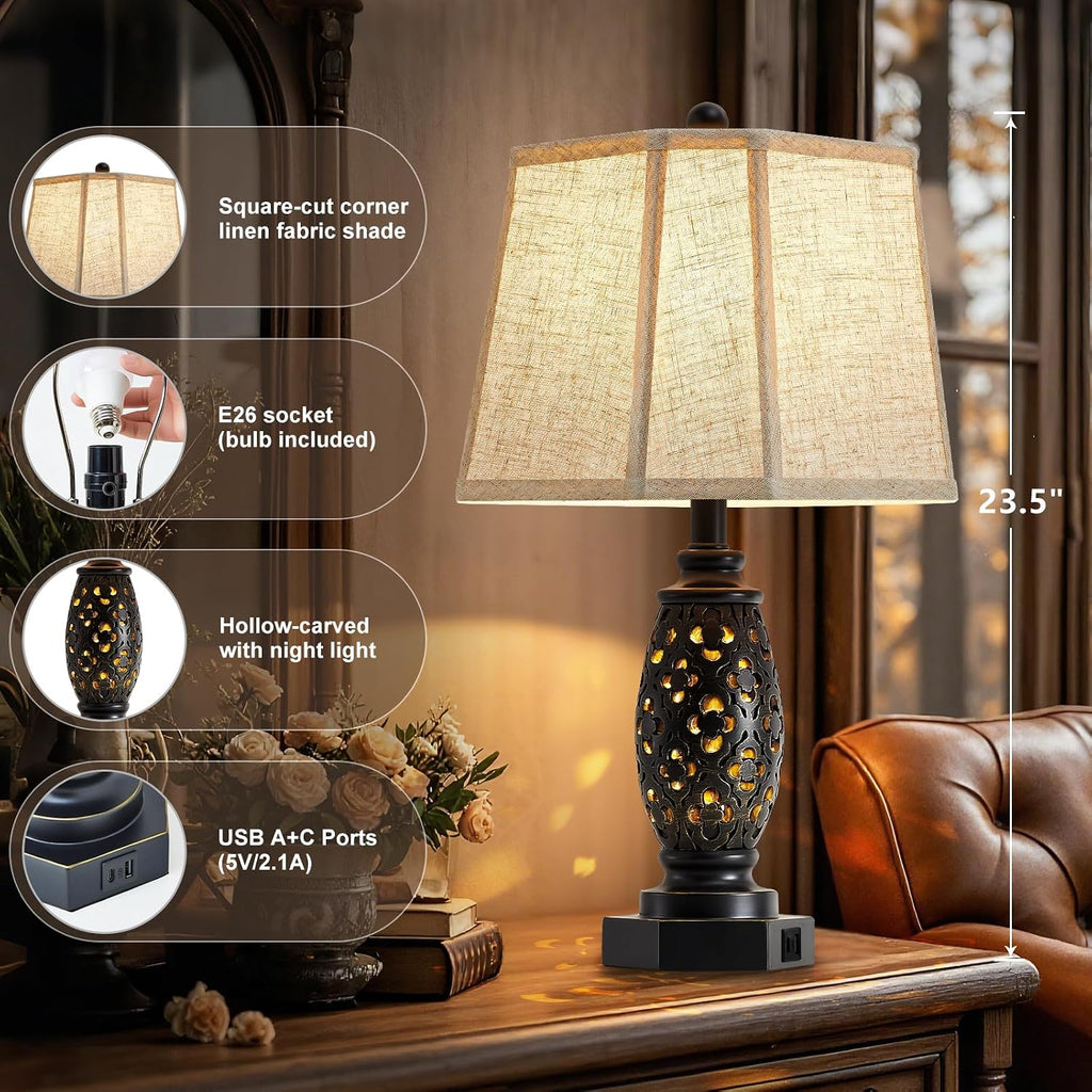 EJIAXIN Table Lamps Set of 2-23.5" Vintage Bedside Lamp with USB A+C and Nightlight - Black Carved Resin Retro Desk Lamp for Bedrooms, End Tables, Living Room, Bulbs Included