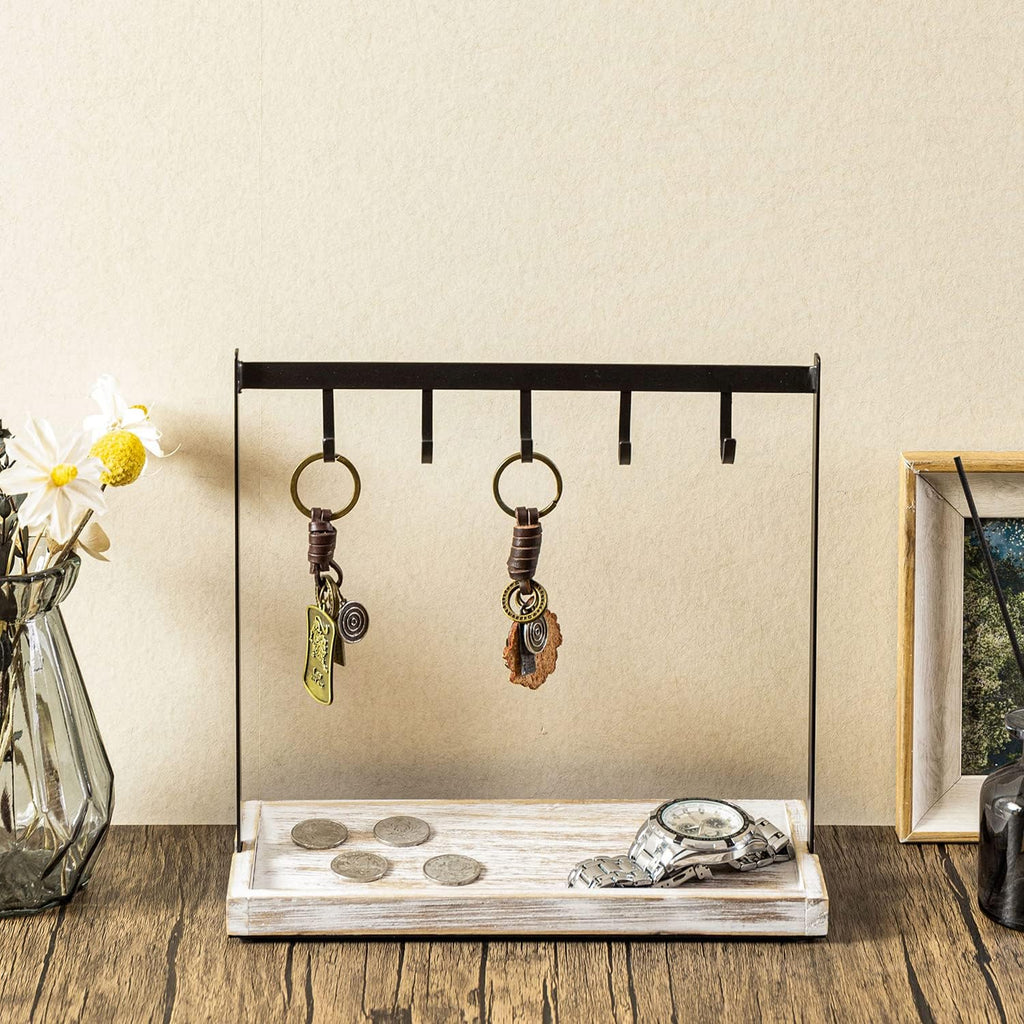 MyGift Entryway Black Metal Key Holder with 5 Hooks & Whitewashed Wood Base