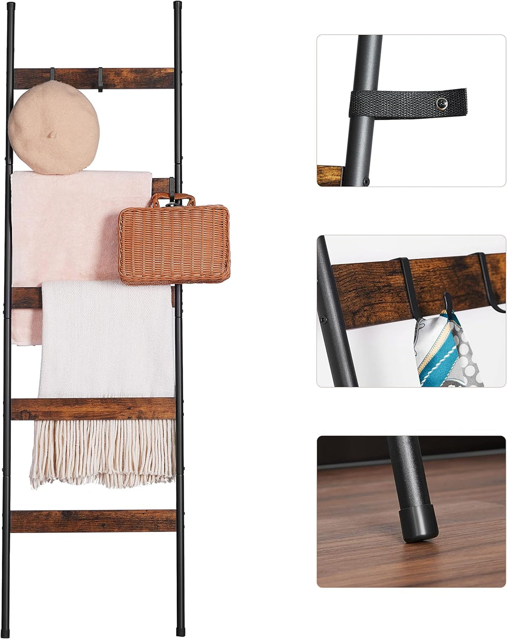 ELYKEN Blanket Ladder, 5-Tier Towel Rack, Wall-Leaning Quilt Holder