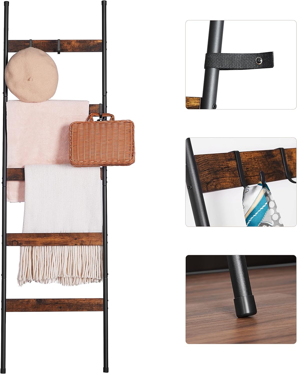 ELYKEN Blanket Ladder, 5-Tier Towel Rack, Wall-Leaning Quilt Holder
