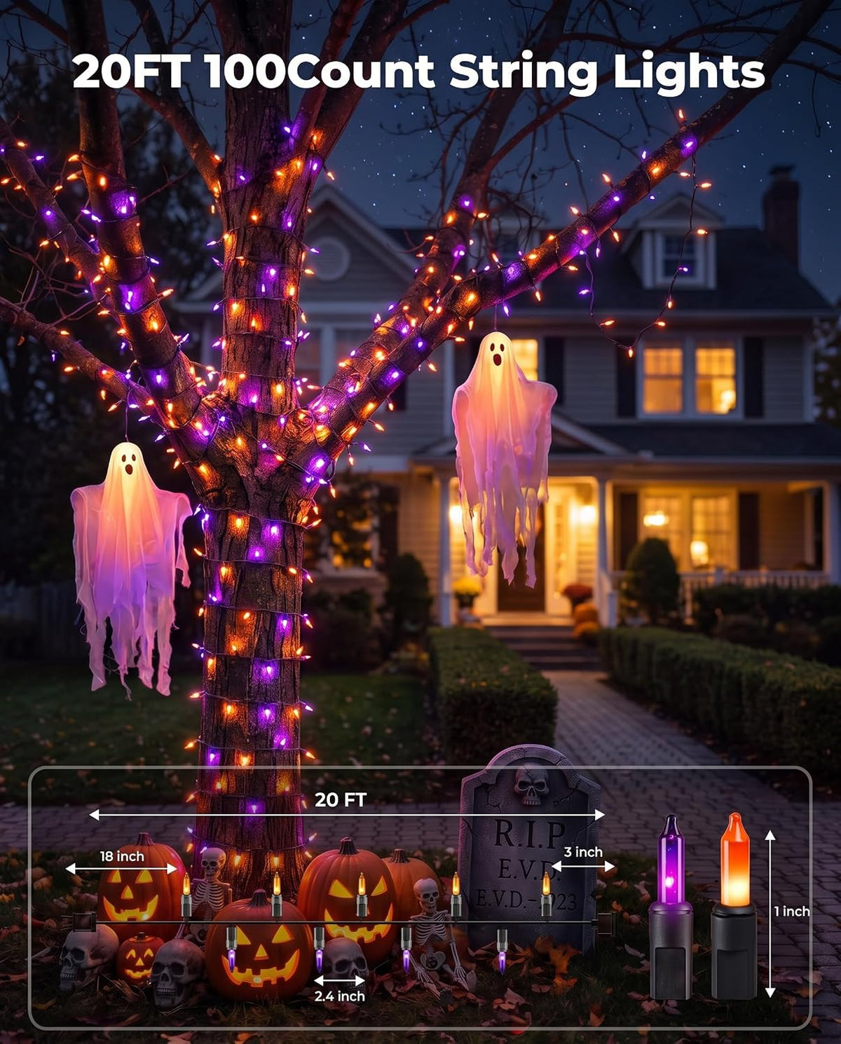 Halloween Lights 20FT 100 Count, Purple and Orange Outdoor String Lights