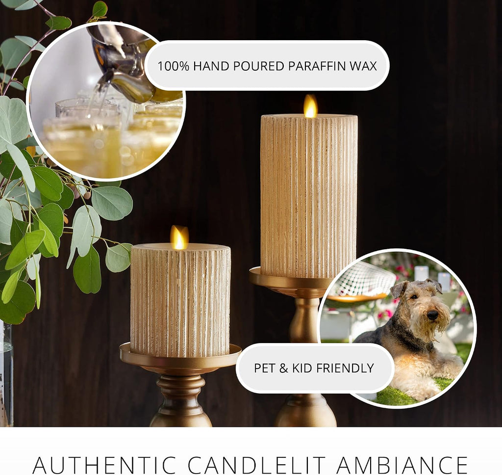 Luminara - Flameless Flickering Real Wax Moving Flame Battery Operated Unscented Candle LED Décor & Gift- Embossed Pillar Collection - Everyday Metallic Furrow, Champagne (3.25" x 6.5")