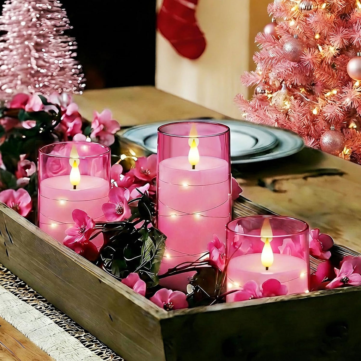 Homemory Flickering Flameless Candles, Pink LED Pillar Candles with Remote