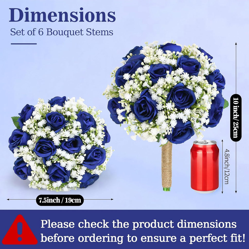 Artificial Bridesmaid Bouquets Set of 6 for Wedding-7 inch Navy Blue Flowers Bouquets for Bridesmaids, Faux Rose Gypsophila Rustic Small Floral Bouquet Fake Wedding Party Ceremony Anniversary Decor