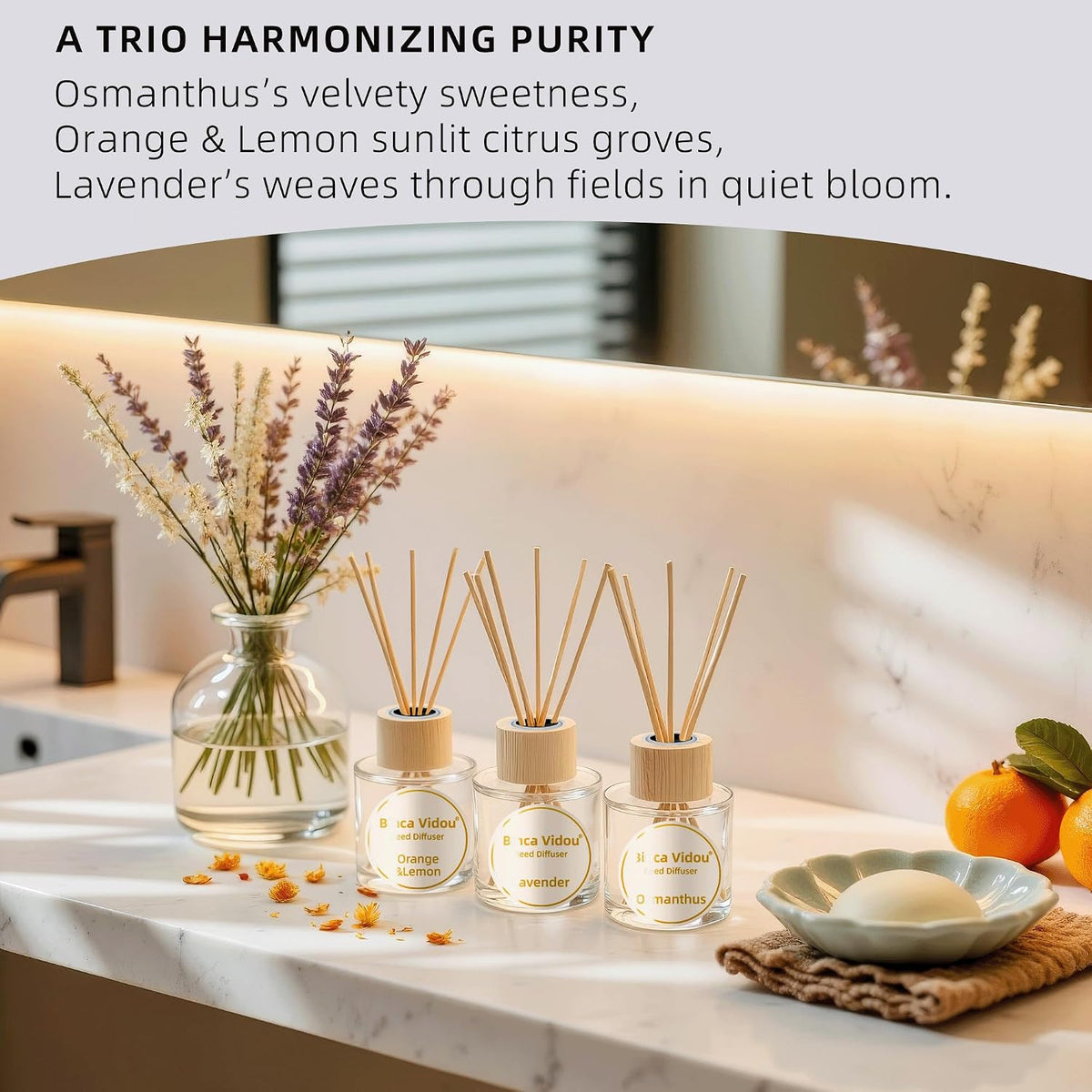 Reed Diffuser Set, Binca Vidou Lavender Osmanthus Orange & Lemon 1.69oz x 3