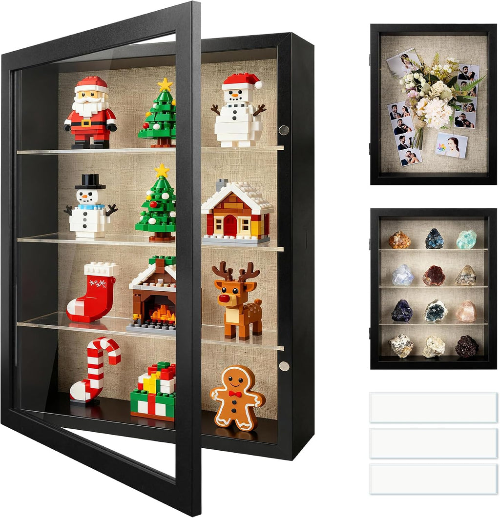 11x14 Shadow Box Display Cases with 3 Removable Clear Shelves, Black