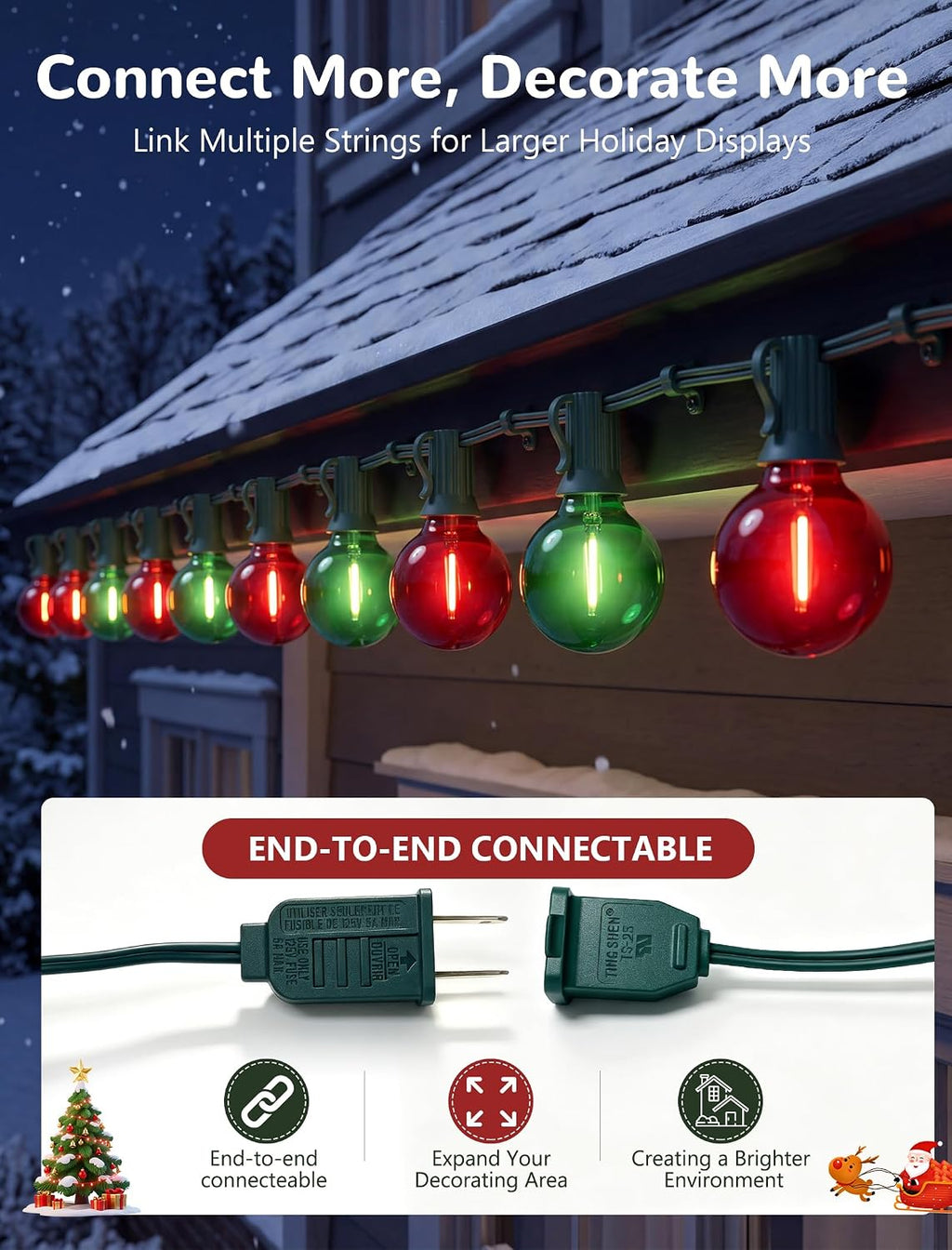 25Ft G40 LED Red Green Outdoor String Lights, 27 Shatterproof Globe Bulbs