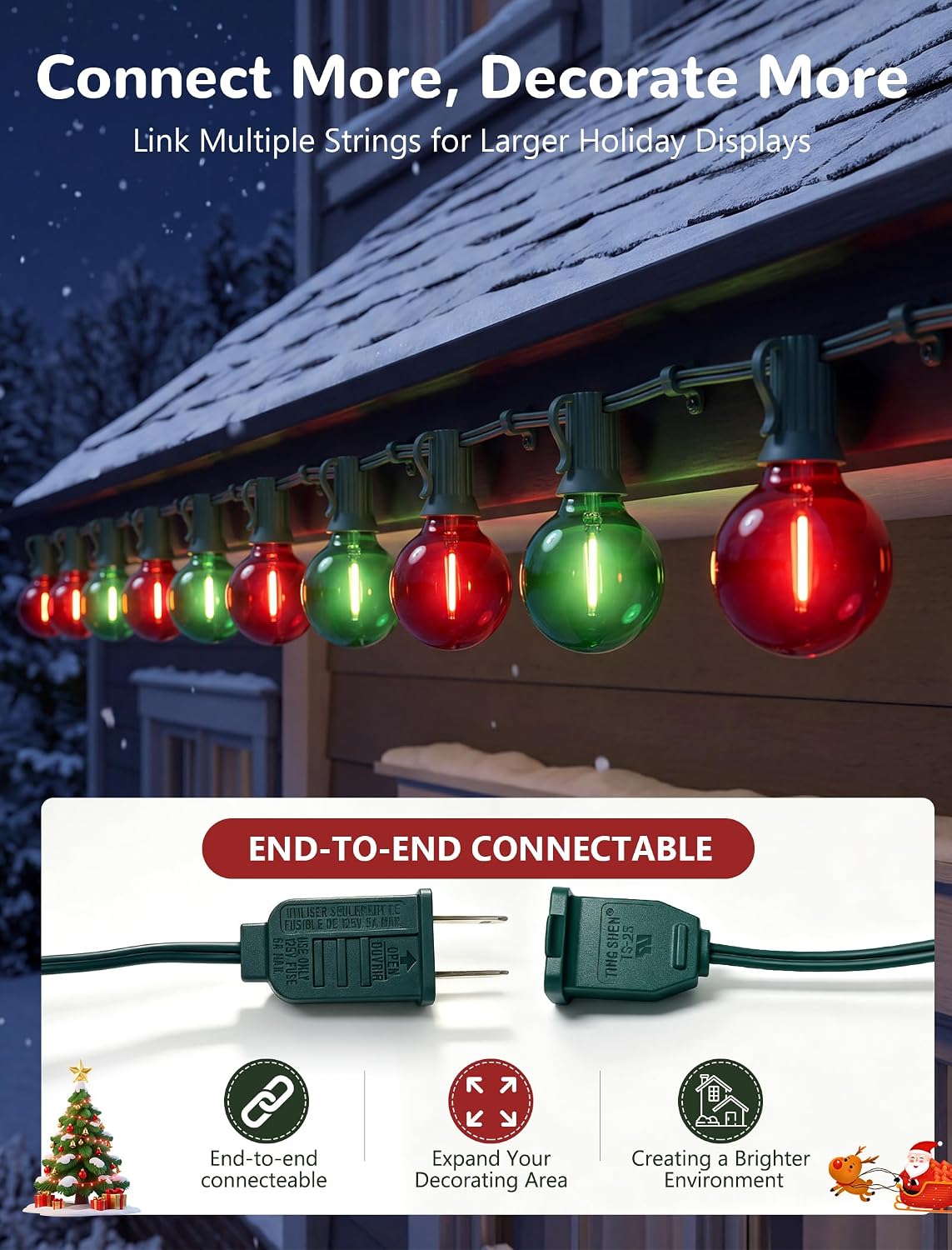 25Ft G40 LED Red Green Outdoor String Lights, 27 Shatterproof Globe Bulbs