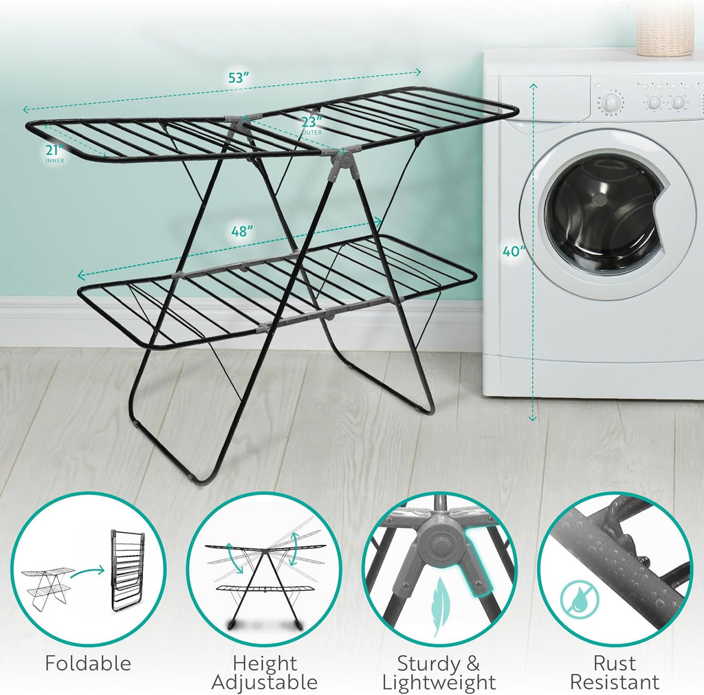 Brookstone 2 Tier Folding Rack - Indoor/Outdoor Collapsible Clothes Dryer Stand Laundry or Shoe Rack, Heavy Duty Freestanding Garment Hanger, Foldable, Clothing Drying Rack, Black