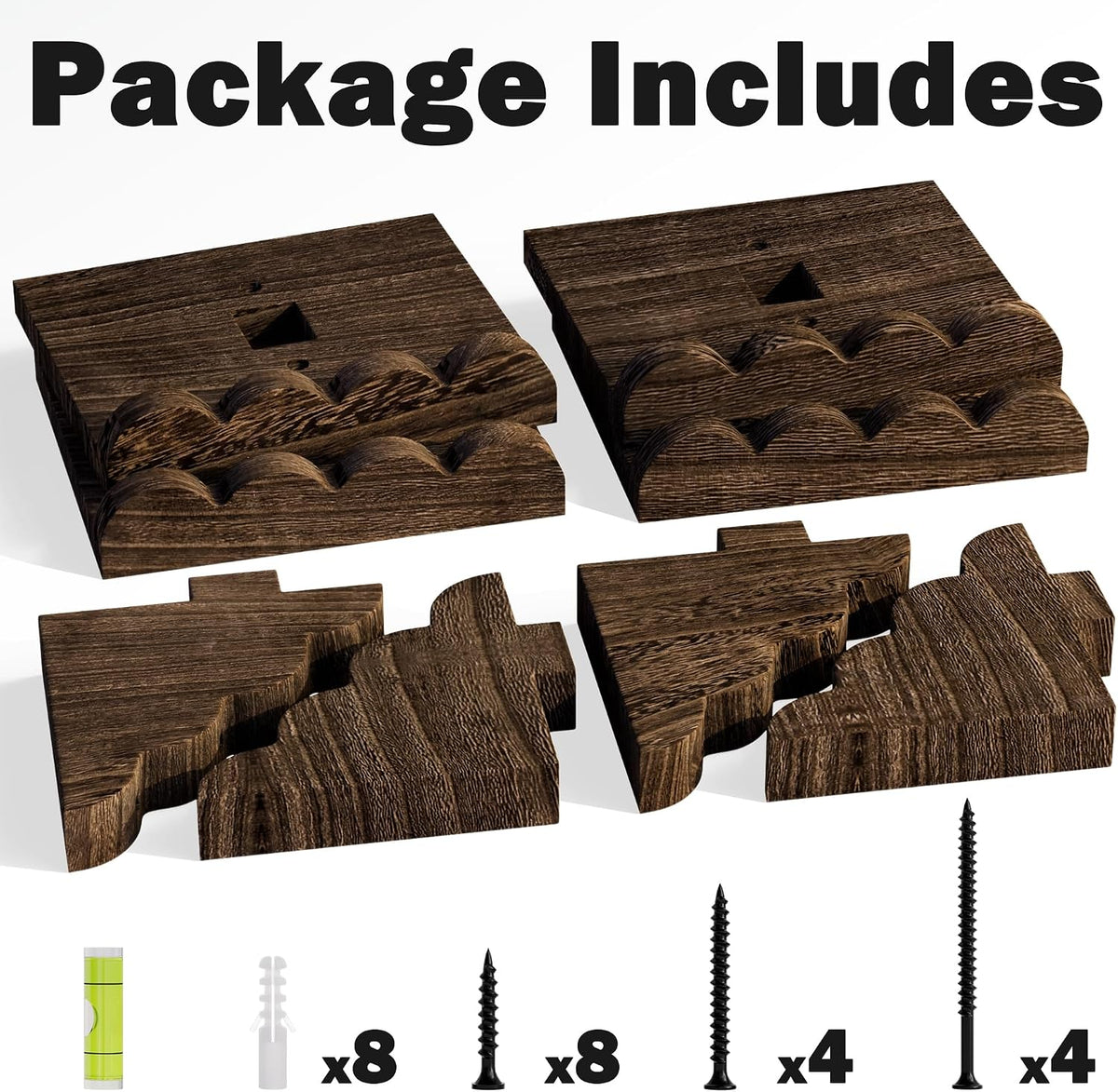 QsQueen Small Scalloped Floating Shelves for Wall, 4 Pack Small Wall Shelf, Solid Paulownia Wood Display Shelves with Matching Brackets for Plants, Bathroom, Bedroom, Living Room & Home Decor