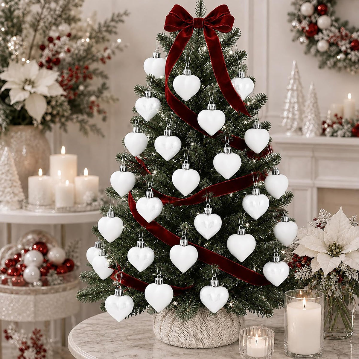 Set of 12 White Heart Ornaments for Christmas Valentine Tree Decorations, 1.8 inch Mini Valentines Ornaments for Small Tree, Heart Shaped Plastic Shatterproof Hanging Balls Holiday Party Decor