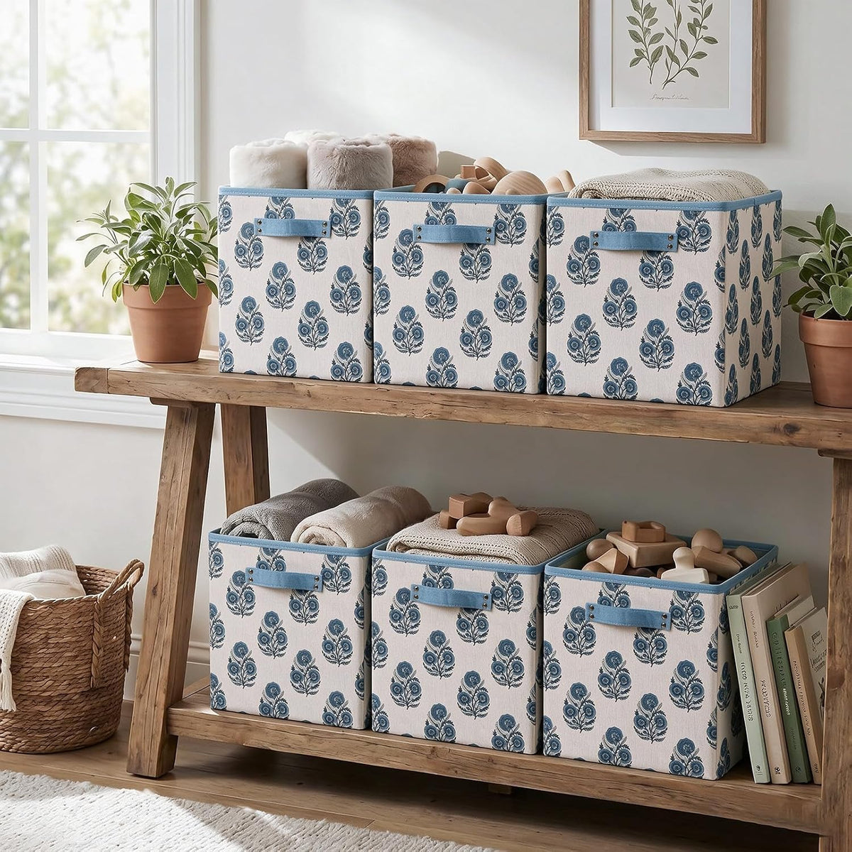 6 Pcs Fabric Floral Cube Storage Bins 11 Inch Flower Storage Basket with Handle, Linen Collapsible Fabric Box for Classroom Bedrooms Office Home Decoration (Blue indian flower)