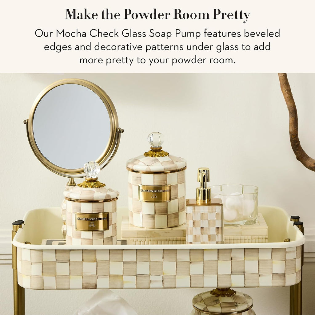 MACKENZIE-CHILDS Glass Soap Pump, Brown-and-White Mocha Check