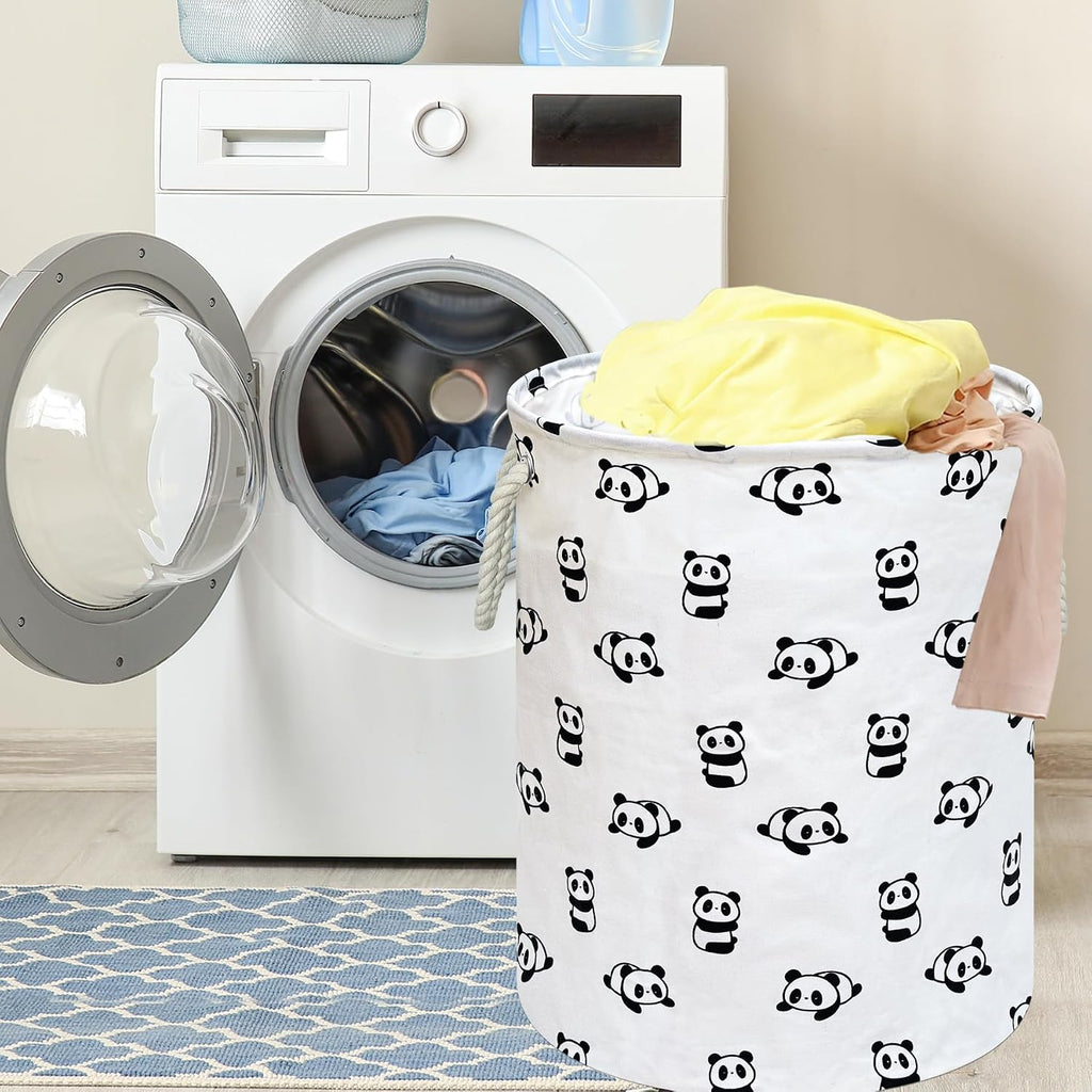 Cute Panda Round Laundry Basket, Foldable Cotton Linen Storage Hamper with Handles, Large Storage Bin for Clothes, Toys, Bedroom, Dorm, Home Decor and Gift Basket
