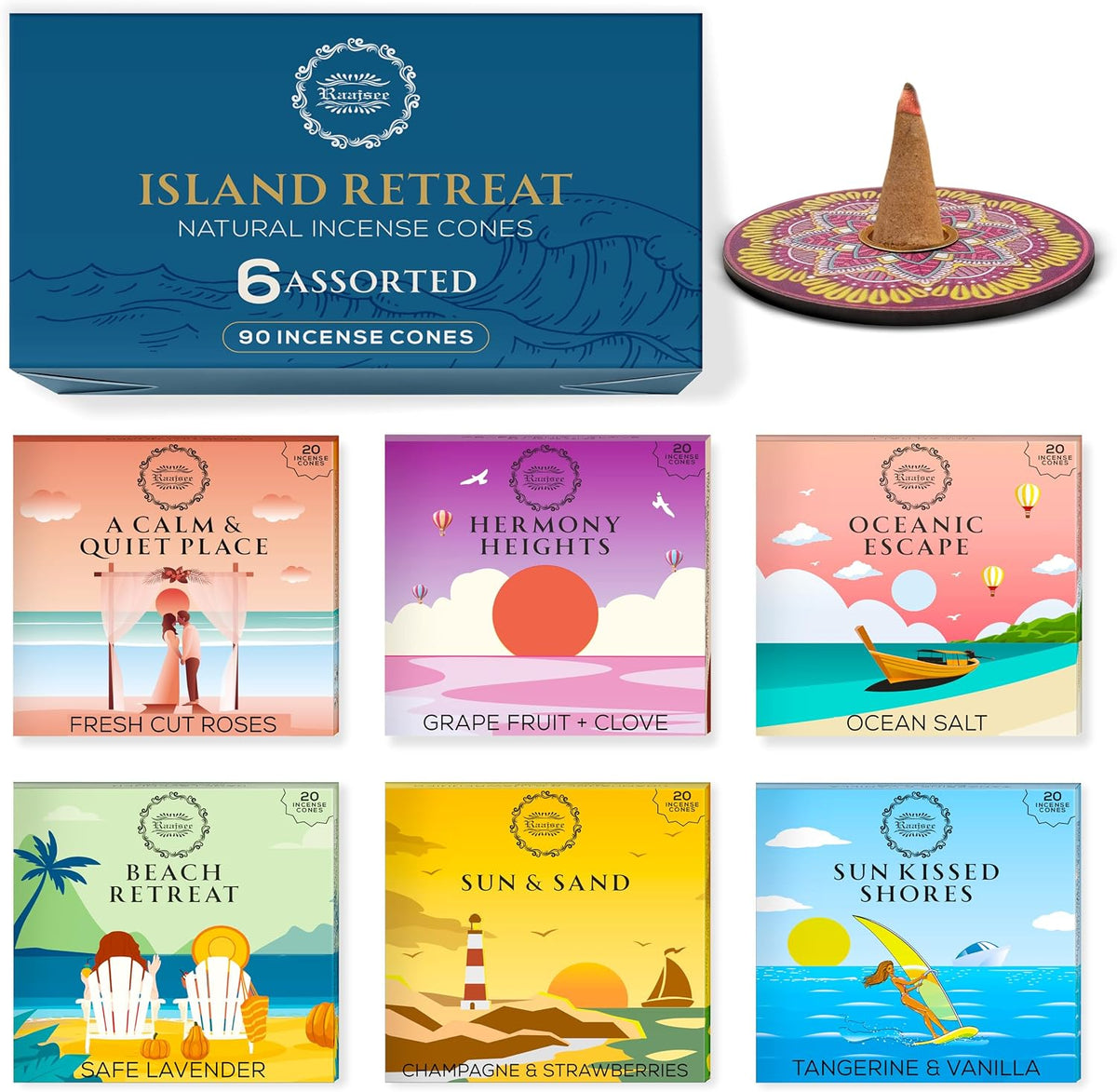 Raajsee Incense Cones, 6 Pack Island Retreat Cone Gift Pack 15 pc Each (90 Total), Insence Cones Variety Pack, 100% Organic Non Toxic Natural - Free from Chemicals