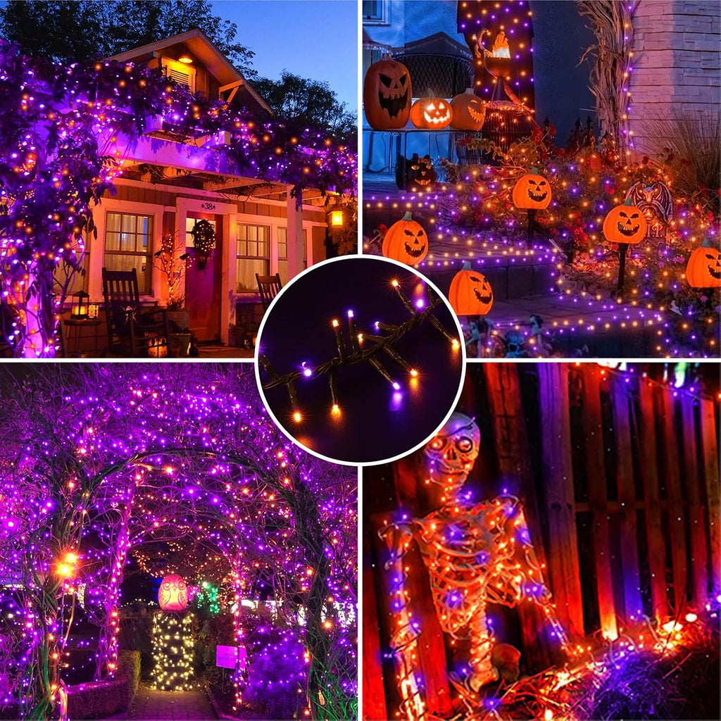 LAMPHOME 500 LED String Lights Outdoor, 16 Modes Plug in Twinkle Fairy Lights for Bedroom, 46ft 500LED Halloween Lights Cluster Lights Outdoor Waterproof-Purple&Orange