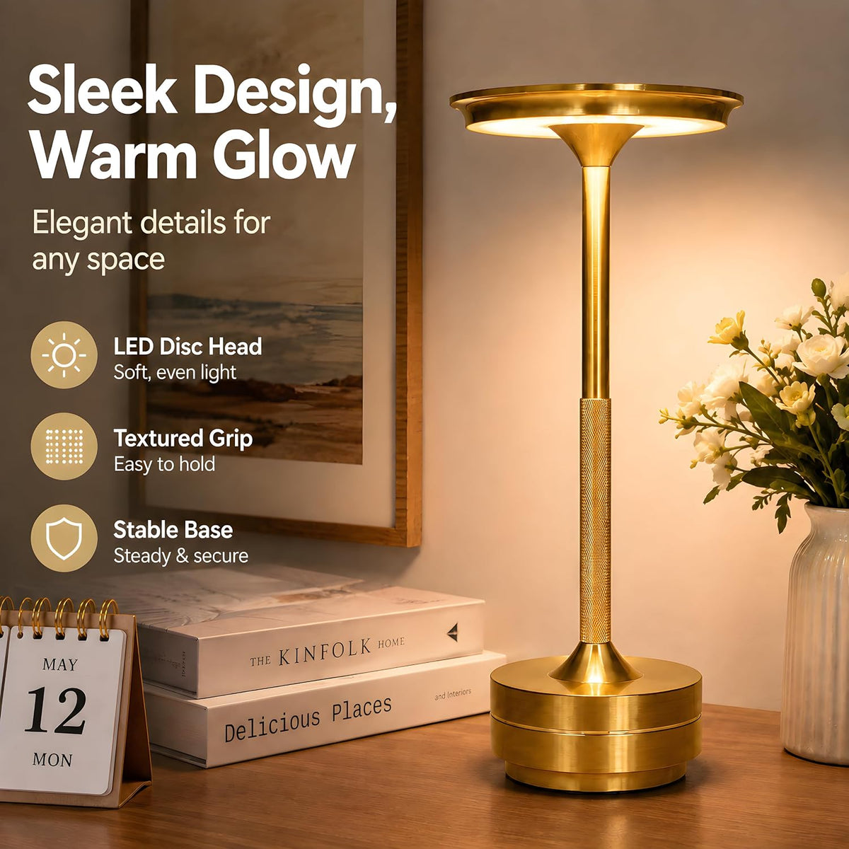 Cordless Rechargeable LED Table Lamp, 11.5 inches Modern Portable Desk Lamps 3 Colors Adjustable Brightness, 2600 mAh Battery Powered Table Light for Bar Restaurant Dining Golden 1Pcs