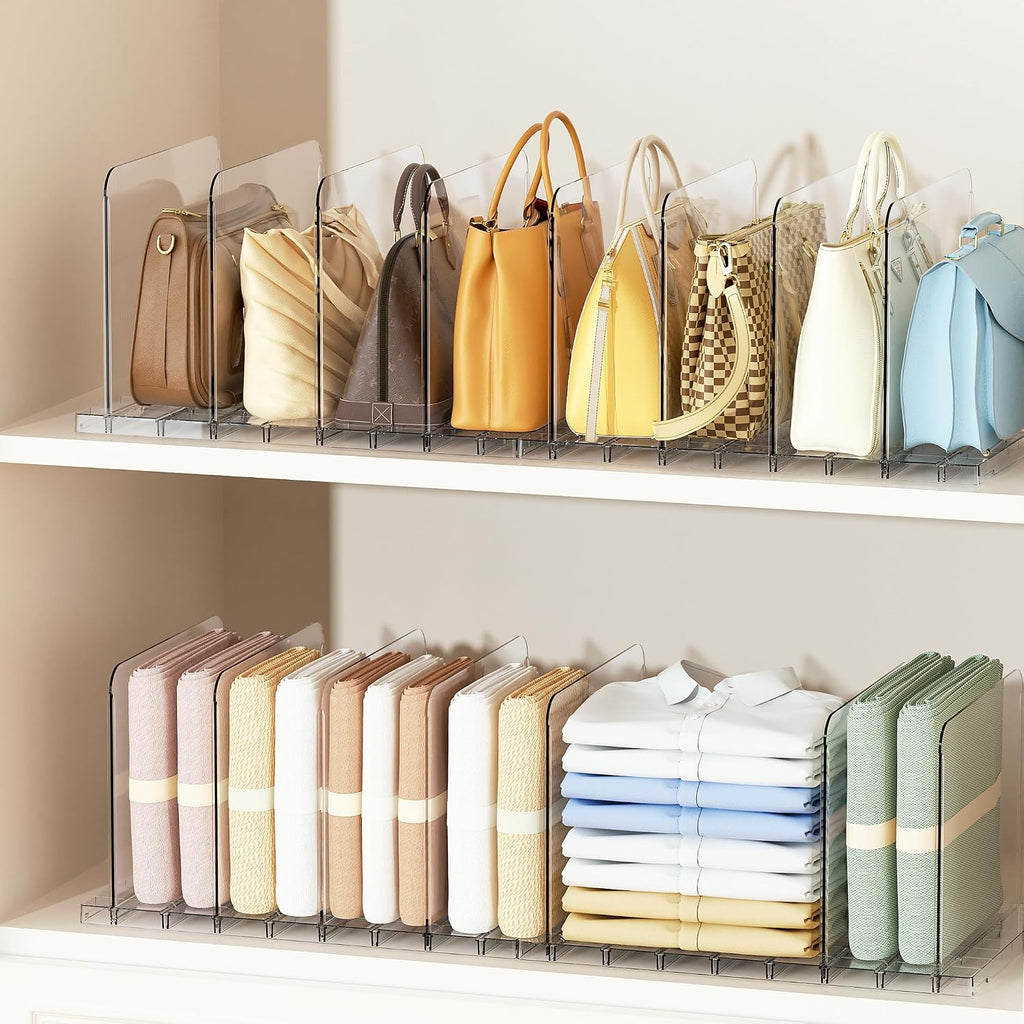 Yecaye Purse Organizer for Closet, Holds 8 Bags, Clear Acrylic Adjustable Shelf Dividers, Stackable Handbag Storage, Keep Bags Upright for Clutch Wallet Pocketbook, Bookshelf Bedroom Office, 2 Pack